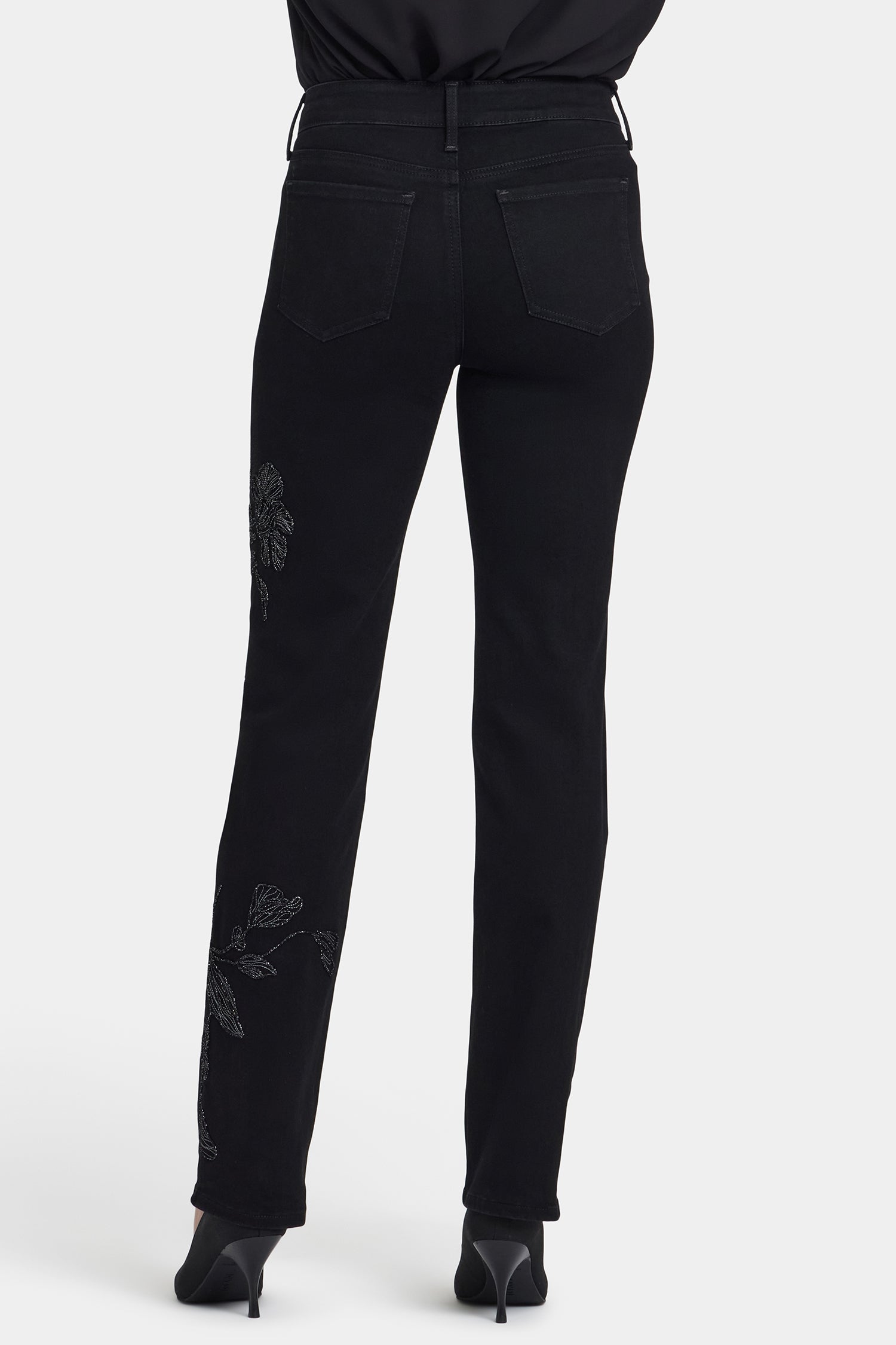NYDJ Marilyn Straight Jeans With Embroidery - Black Rinse
