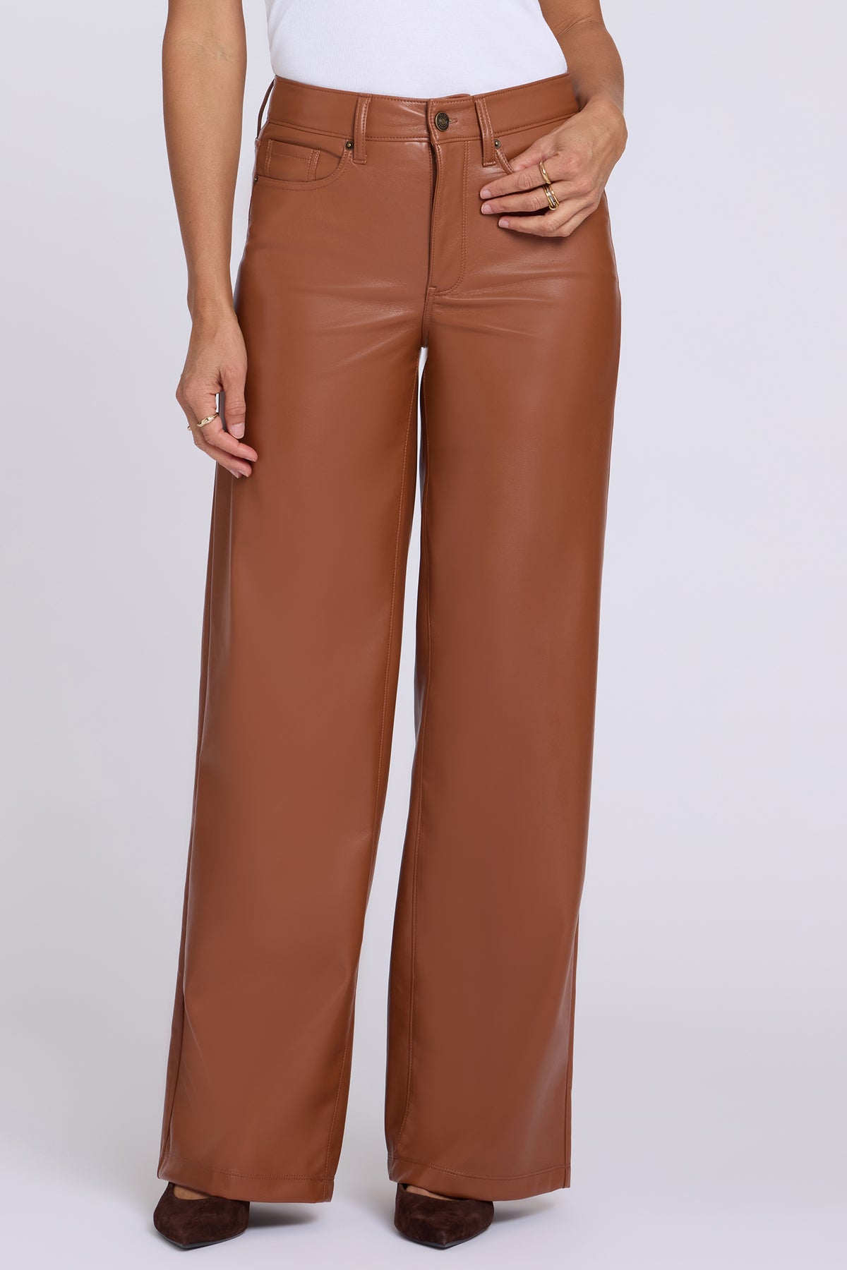 NYDJ Vegan Stretch Leather Teresa Wide Leg Pants Sculpt-Her™ Collection - Mocha Bisque
