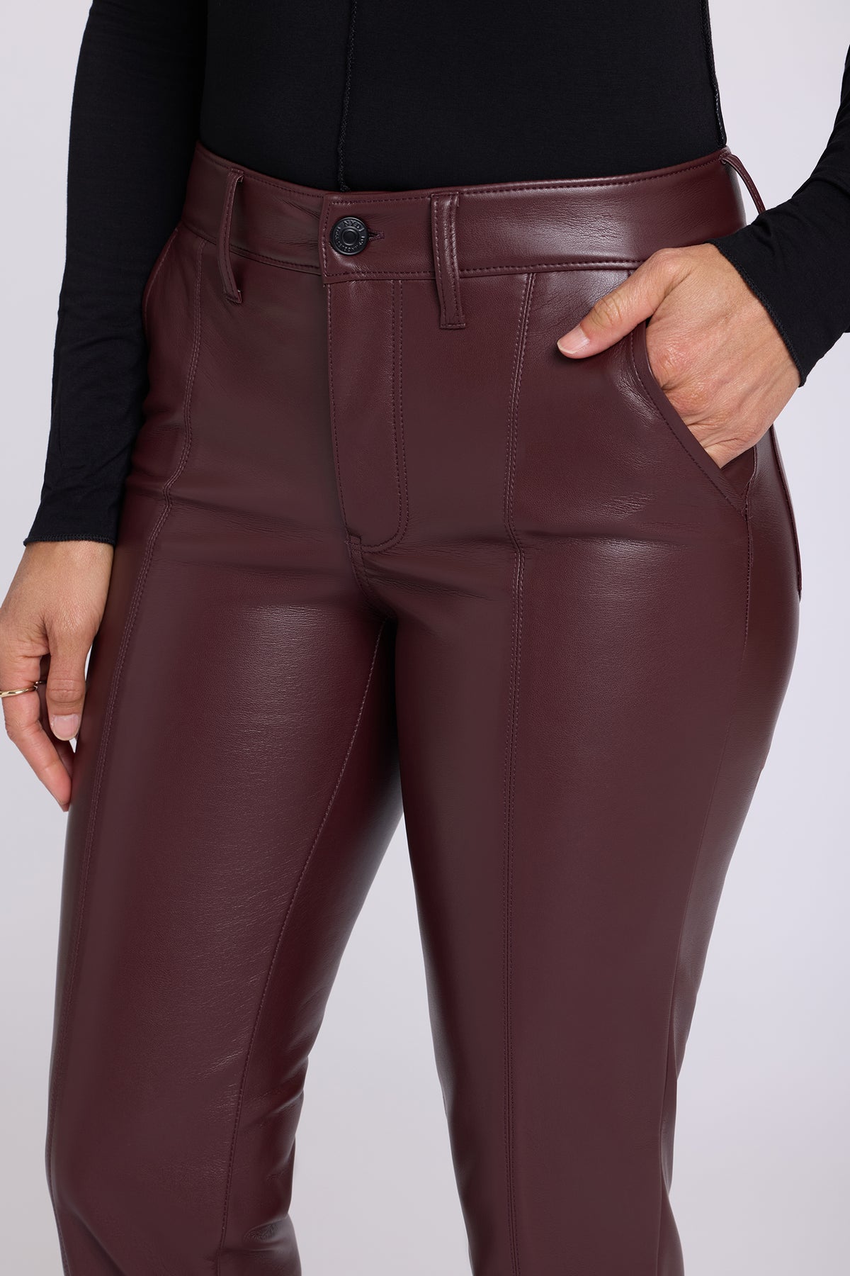 NYDJ Vegan Leather Marilyn Straight Pants With Band Hems Sculpt-Her™ Collection - Bitter Chocolate