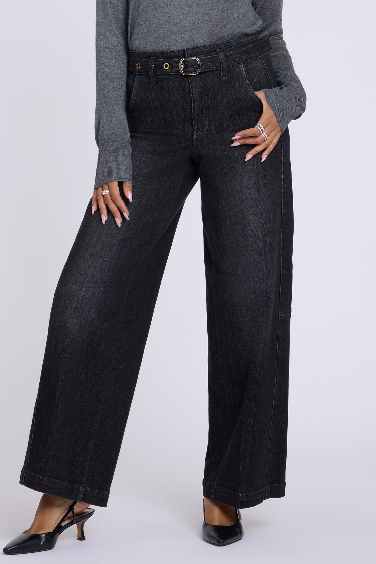 NYDJ Gracie Wide Leg Jeans With High Rise, Paneled Seam Detail And Grommeted Belt - Viola Black