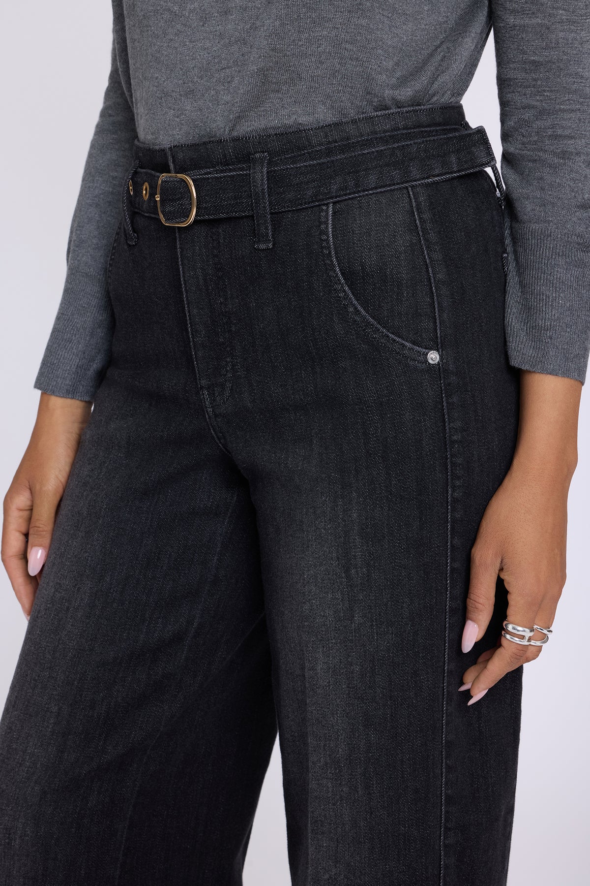 NYDJ Gracie Wide Leg Jeans With High Rise, Paneled Seam Detail And Grommeted Belt - Viola Black
