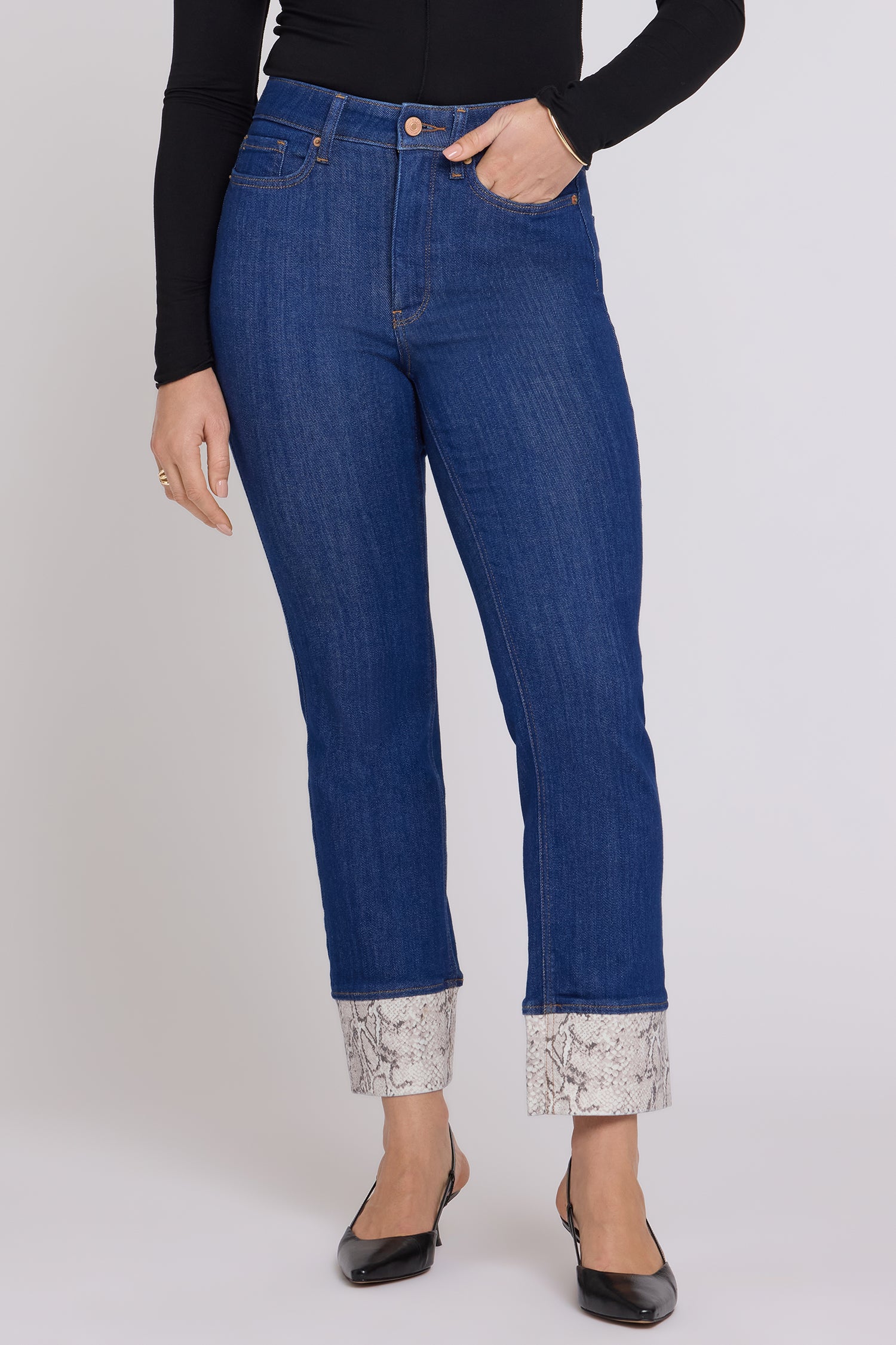 NYDJ Marilyn Straight Jeans With High Rise, Python Print Cuffs and 30" Inseam - Blue Rinse