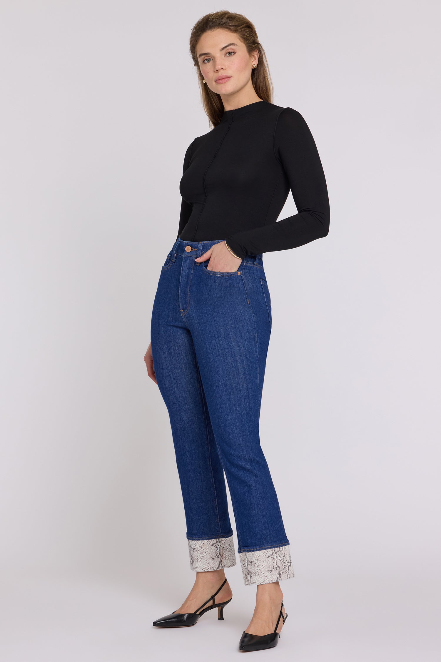 NYDJ Marilyn Straight Jeans With High Rise, Python Print Cuffs and 30" Inseam - Blue Rinse