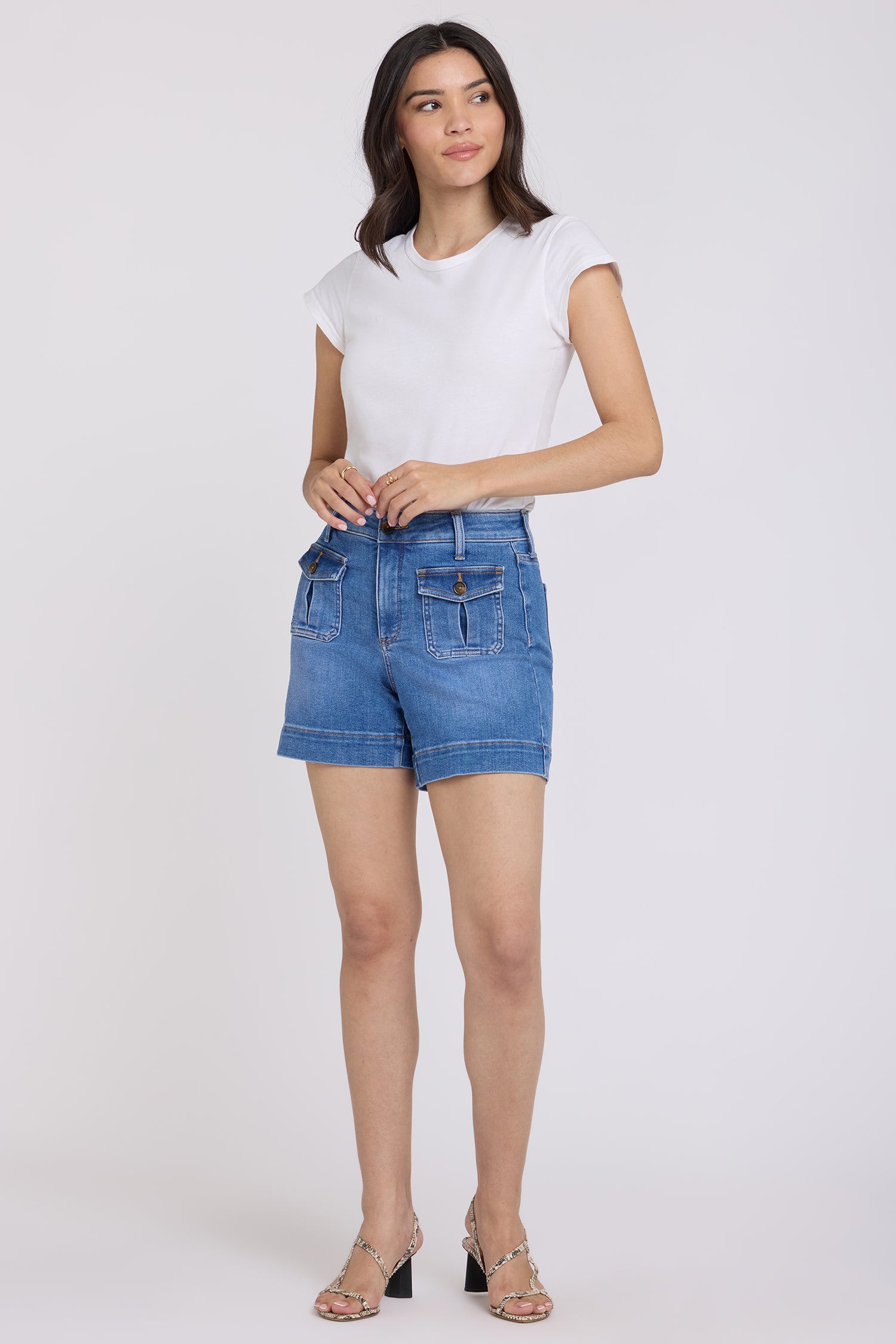 NYDJ Berkyn Relaxed Denim Shorts With High Rise And Front Button Flap Pockets - Blue Paradise