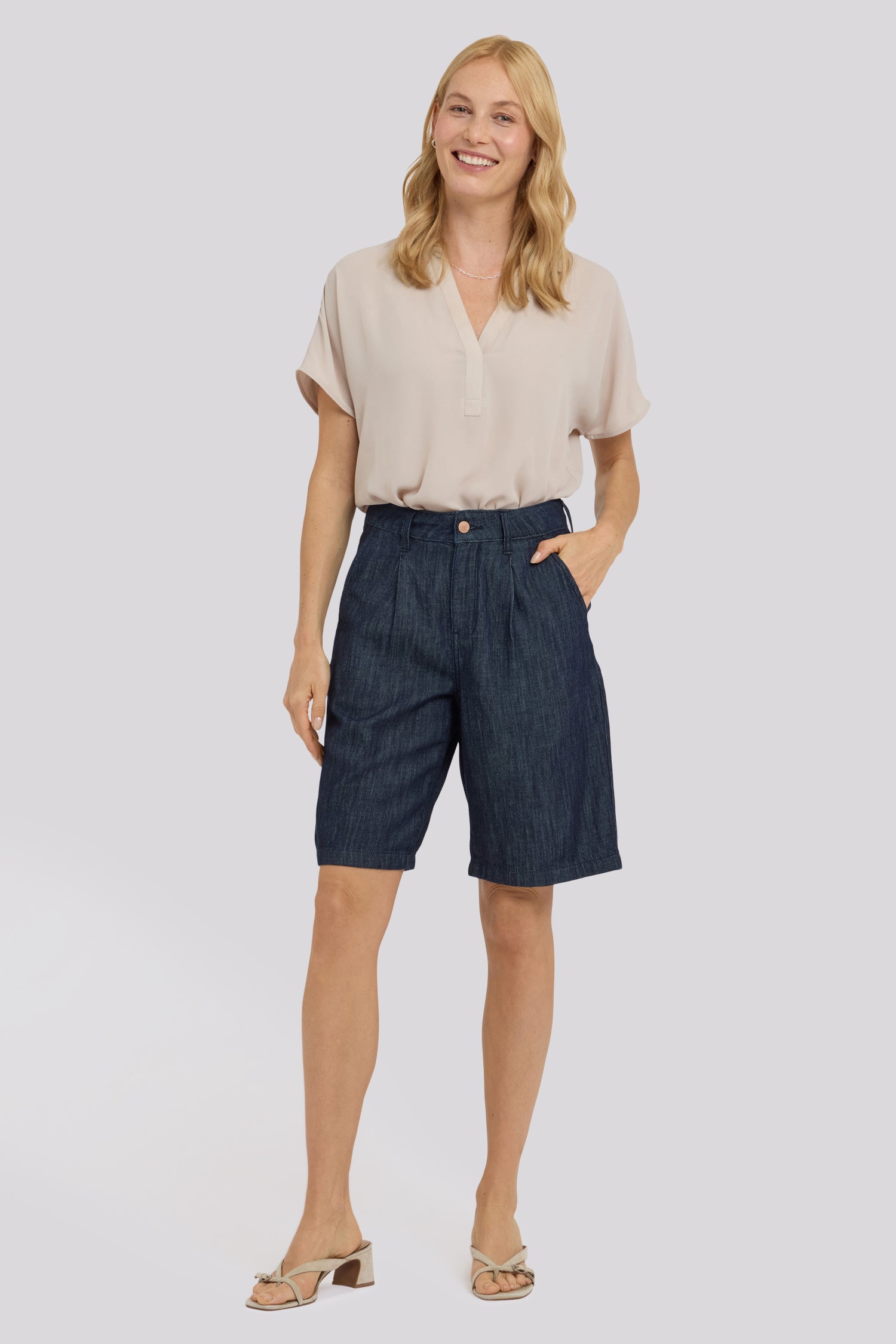 NYDJ Gwen Relaxed Bermuda Denim Shorts With Pleats - Dark Indigo