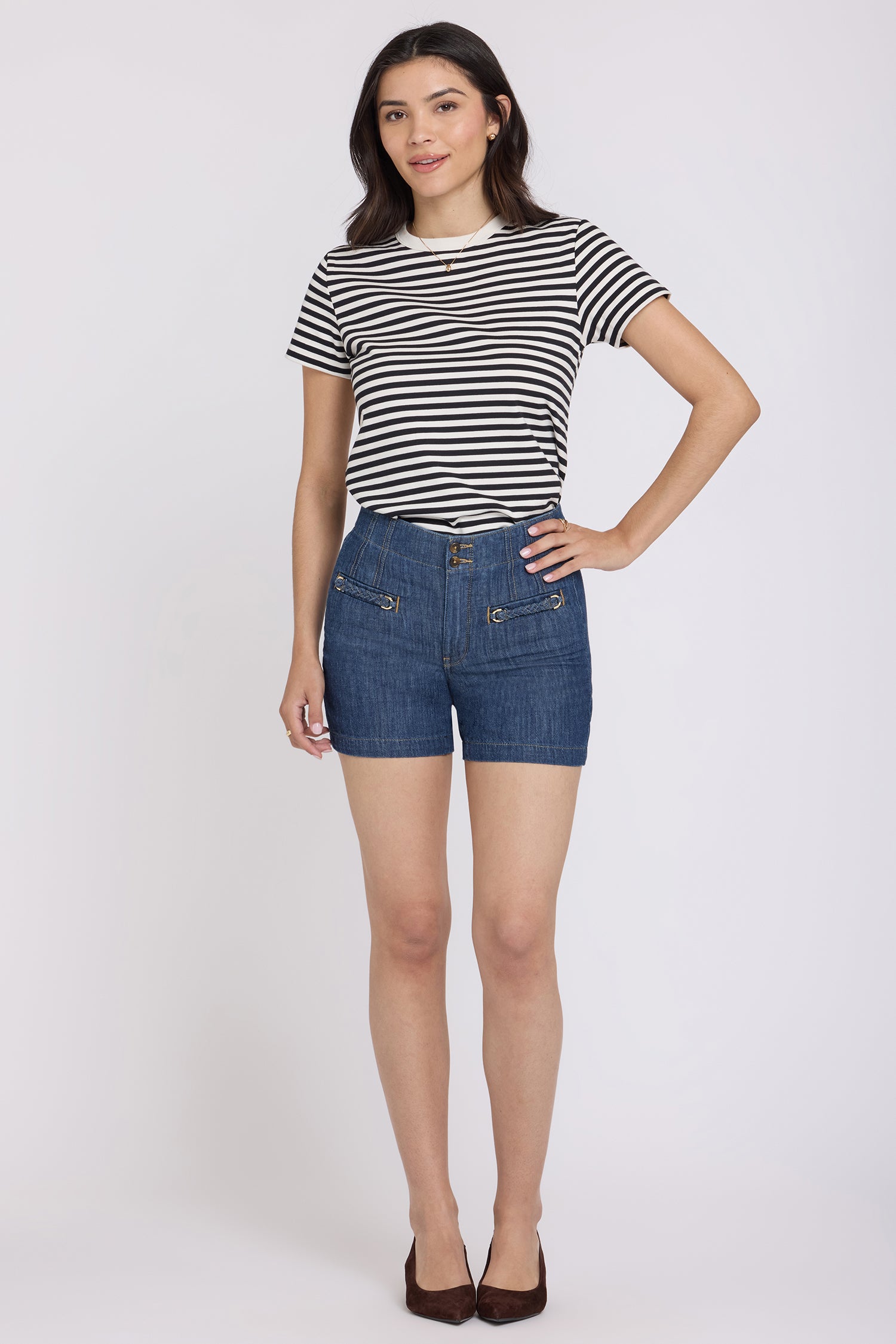 NYDJ Kayla Denim Shorts With High Rise And Embellished Pockets - Medium Indigo