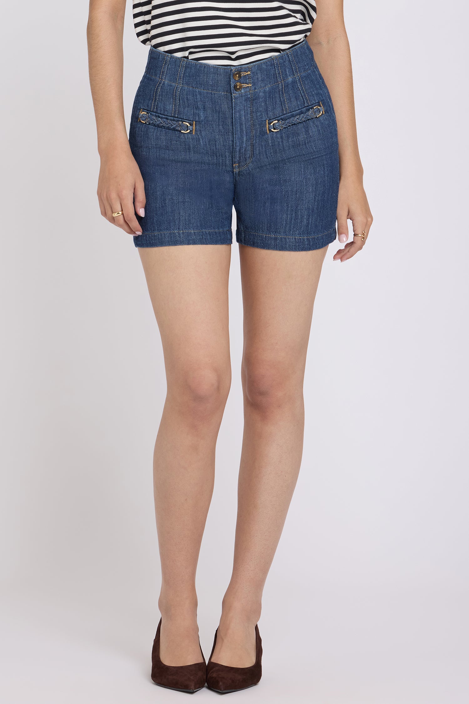 NYDJ Kayla Denim Shorts With High Rise And Embellished Pockets - Medium Indigo