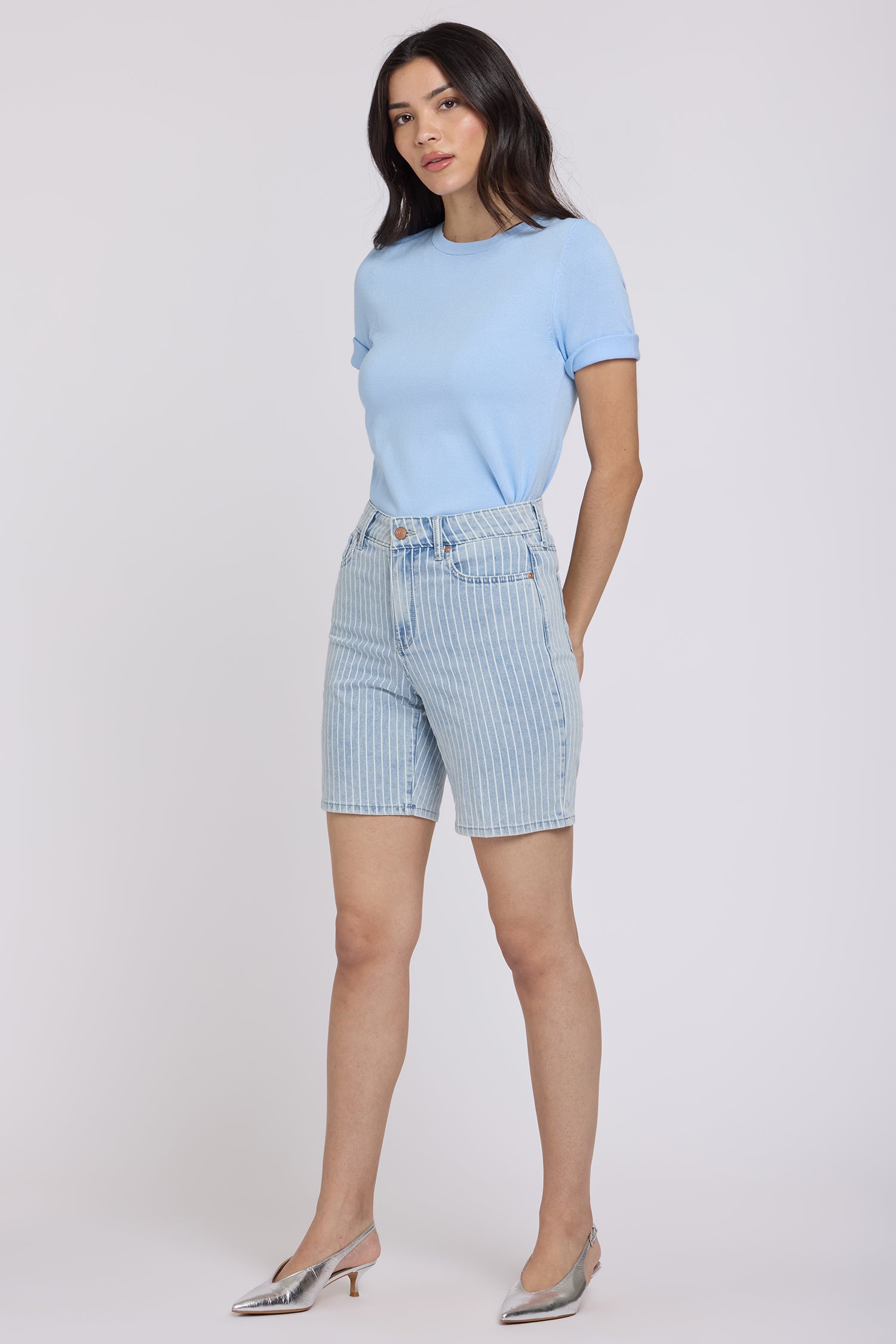 NYDJ Erin Relaxed Denim Shorts With High Rise And Back Pocket Stitching - Azure Stripe