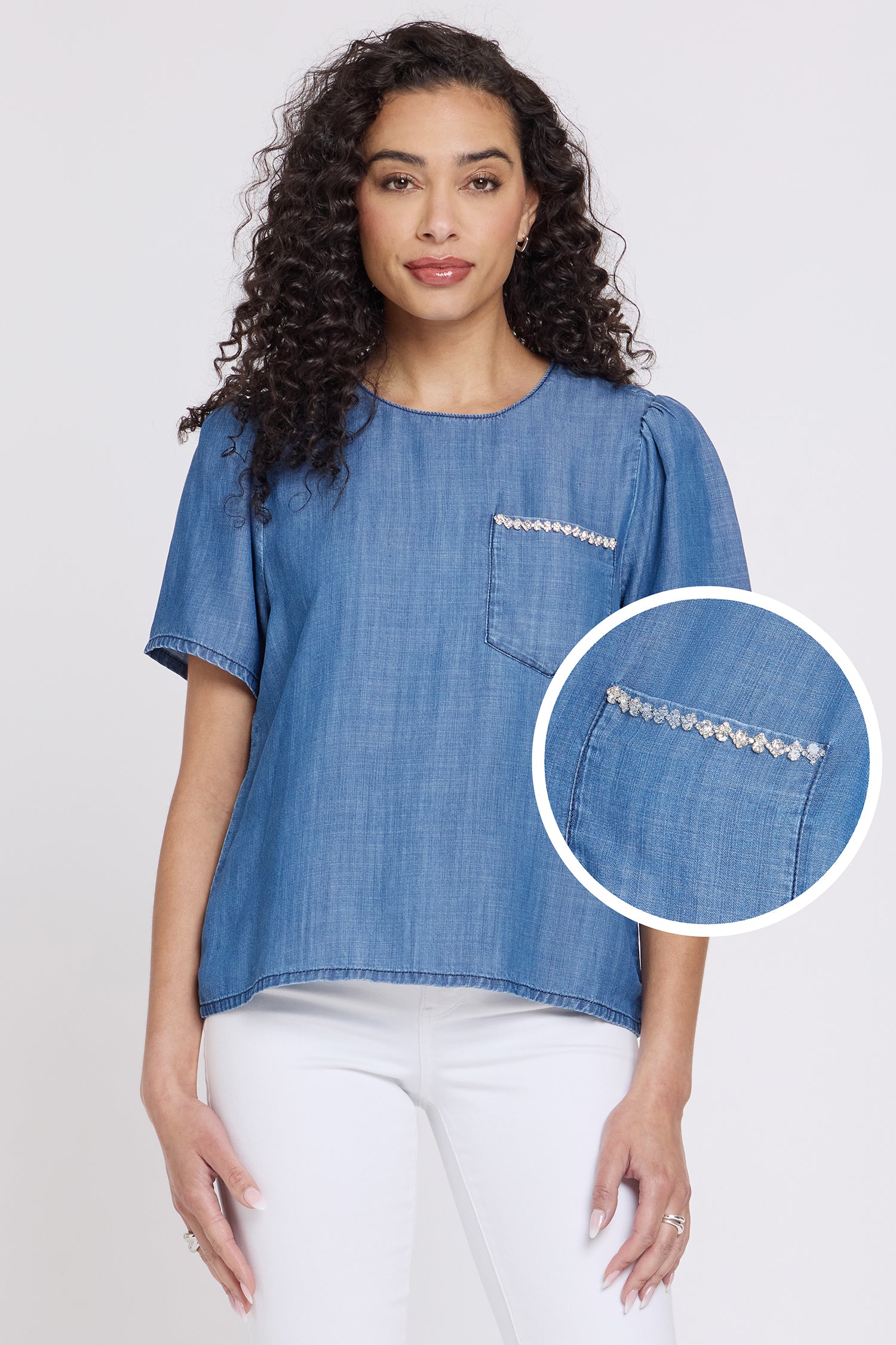 NYDJ Puff Sleeved Tee With Embellished Pocket - Medium Indigo