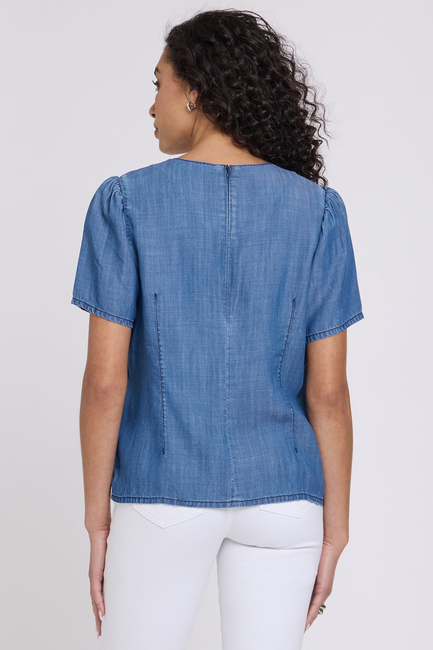 NYDJ Puff Sleeved Tee With Embellished Pocket - Medium Indigo