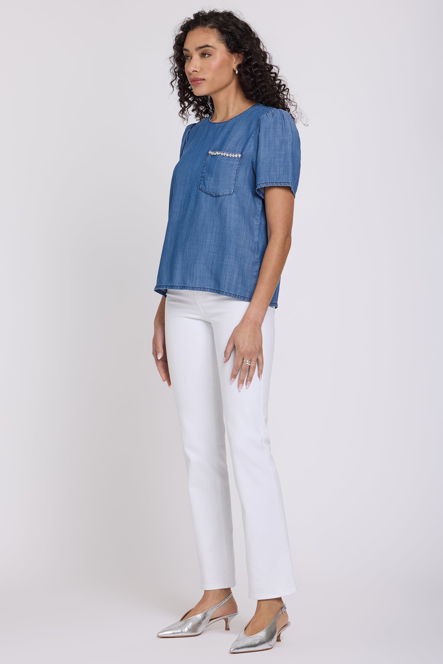 NYDJ Puff Sleeved Tee With Embellished Pocket - Medium Indigo