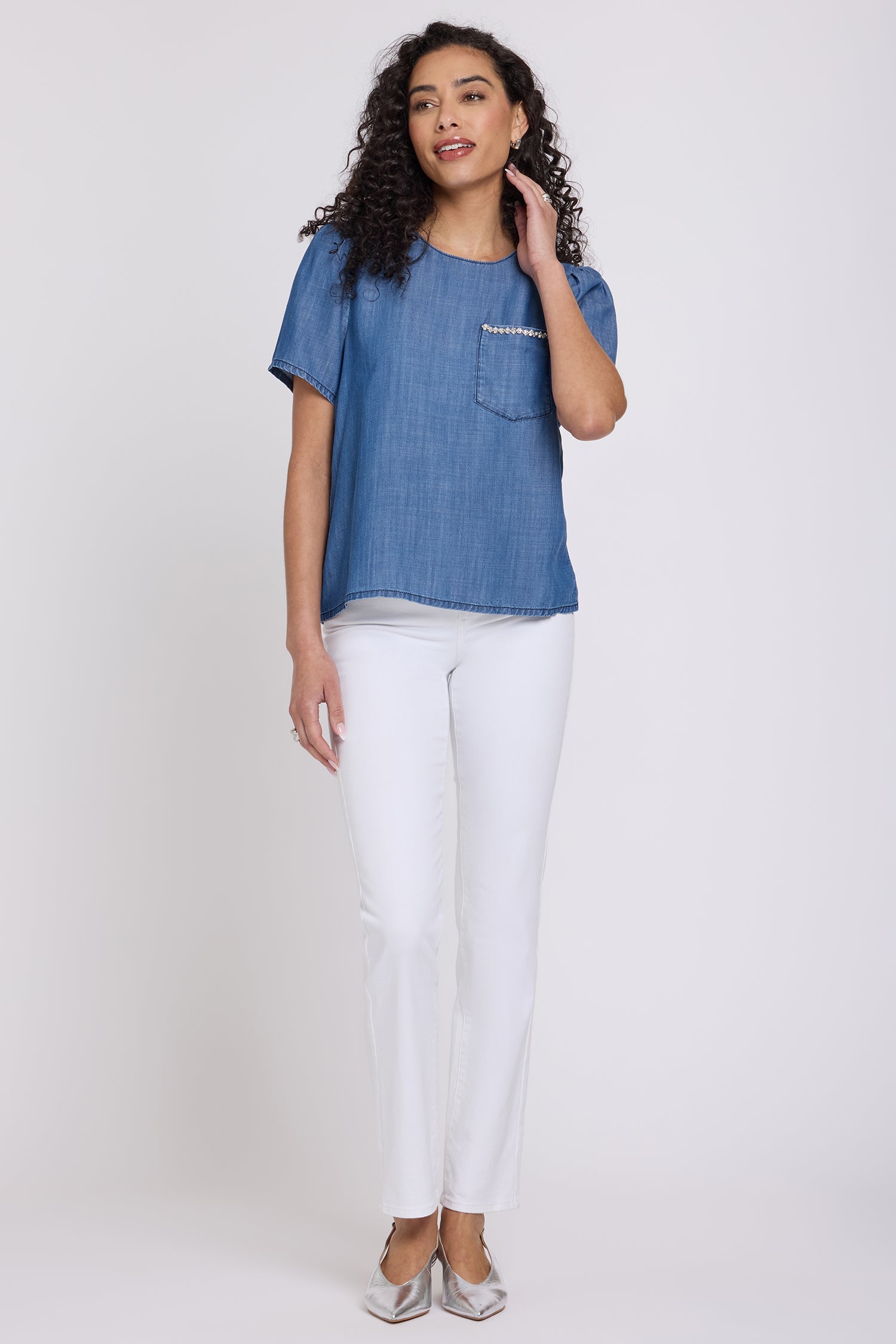 NYDJ Puff Sleeved Tee With Embellished Pocket - Medium Indigo