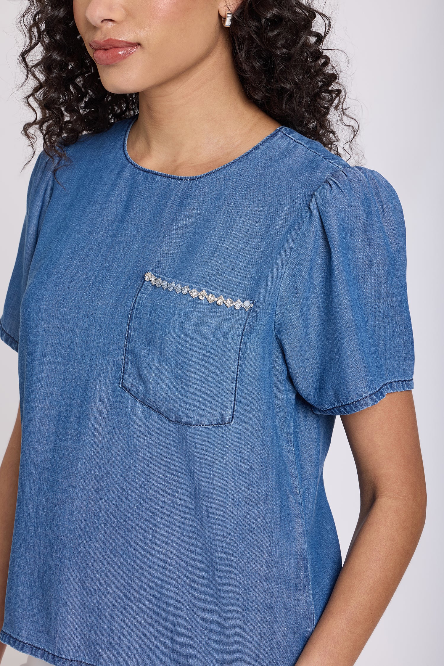 NYDJ Puff Sleeved Tee With Embellished Pocket - Medium Indigo