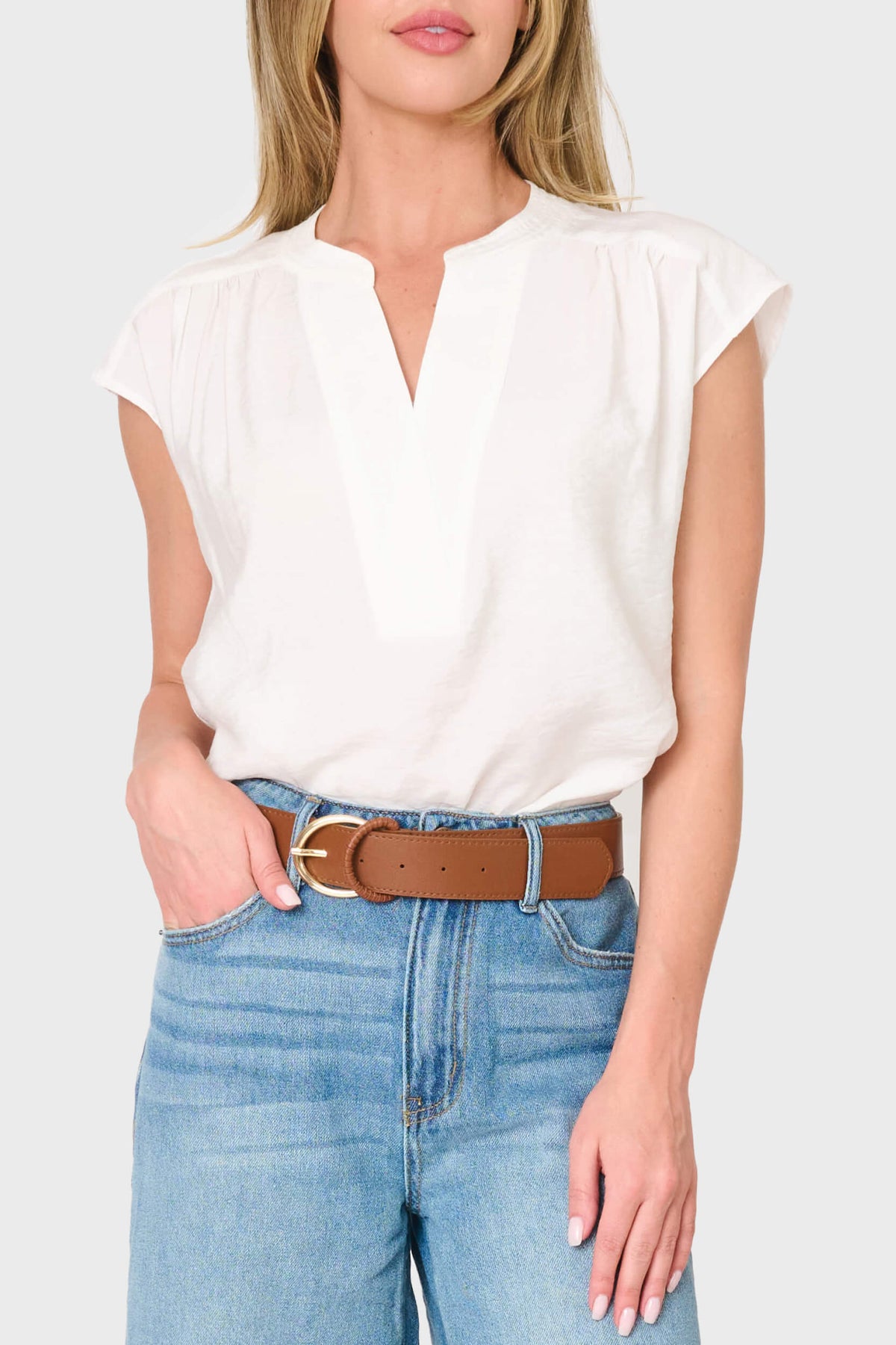 NYDJ Cap Sleeve Notch Neck Blouse by Gibsonlook  - Cap Sleeve Notch Neck Blouse by Gibsonlook