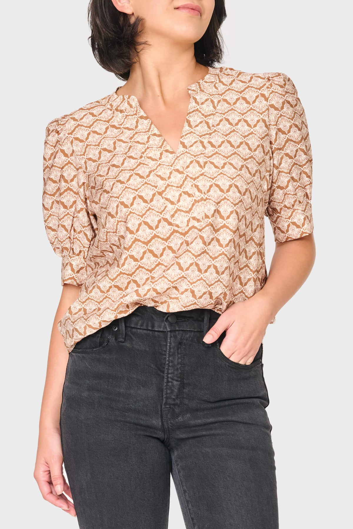 NYDJ Notch Neck Pullover Puff Sleeve Blouse by Gibsonlook  - Notch Neck Pullover Puff Sleeve Blouse by Gibsonlook