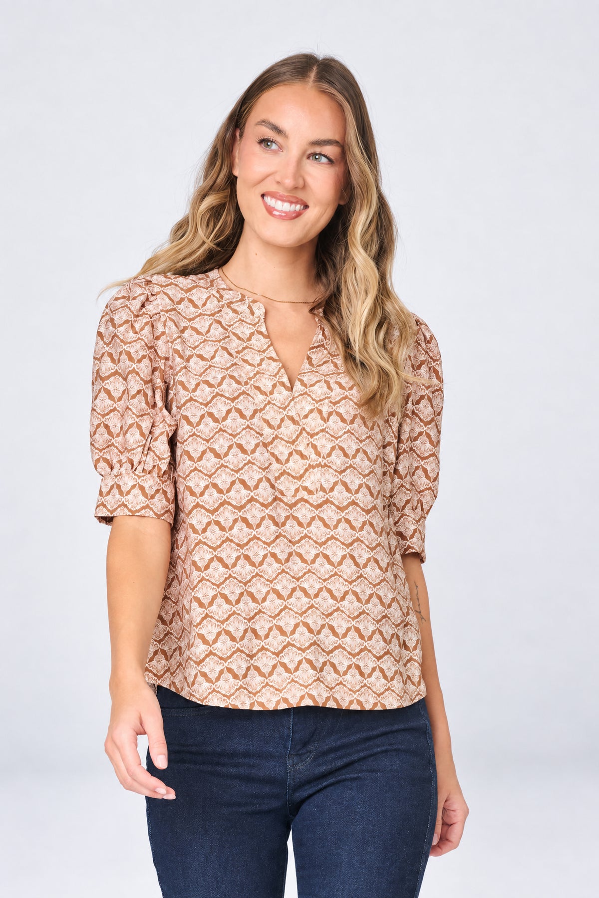 NYDJ Notch Neck Pullover Puff Sleeve Blouse by Gibsonlook  - Notch Neck Pullover Puff Sleeve Blouse by Gibsonlook