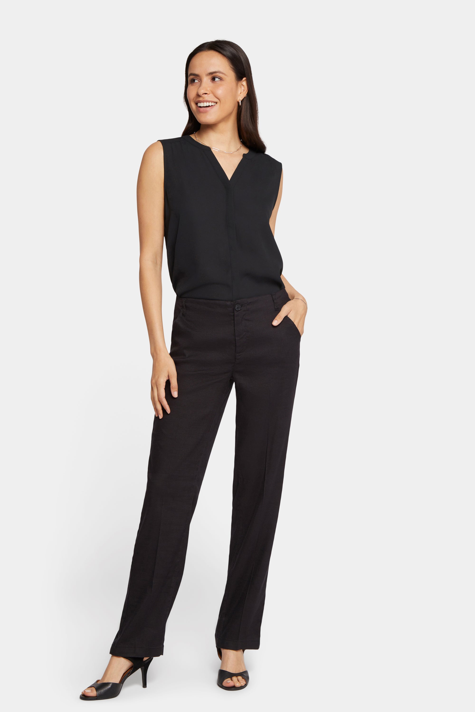 NYDJ Marilyn Straight Pants In Petite In Stretch Linen - Black