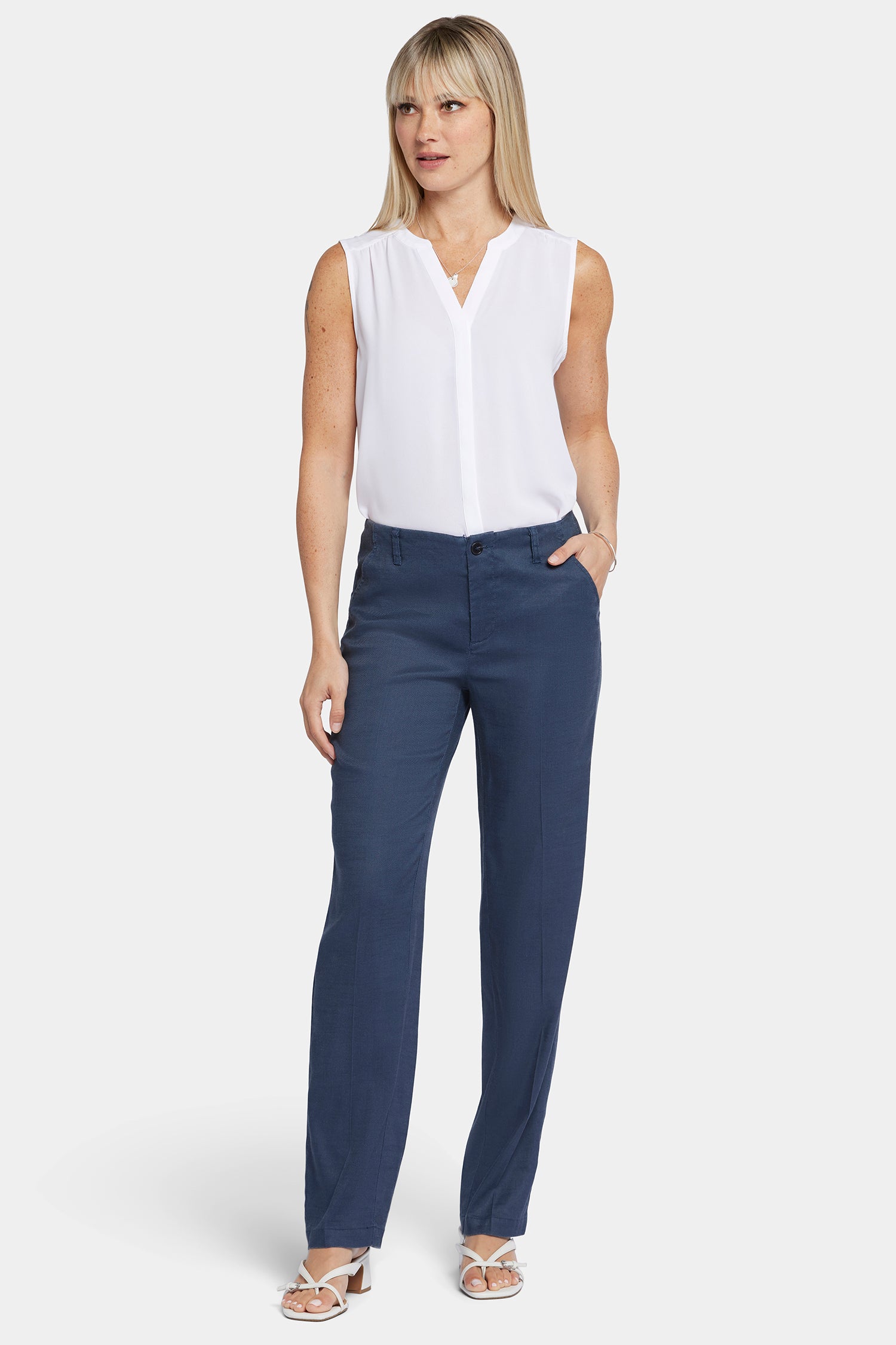 NYDJ Marilyn Straight Pants In Petite In Stretch Linen - Oxford Navy
