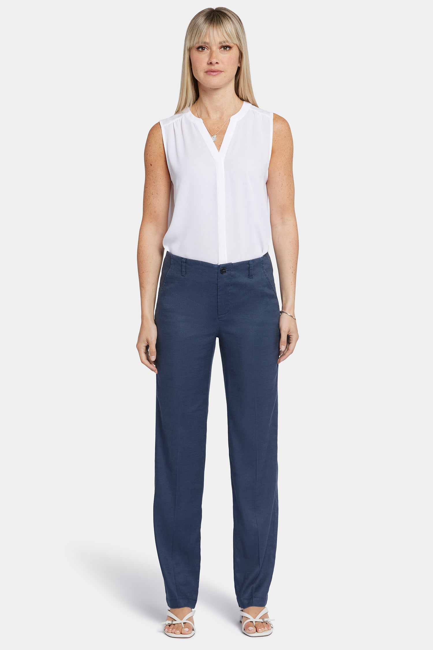 NYDJ Marilyn Straight Pants In Petite In Stretch Linen - Oxford Navy