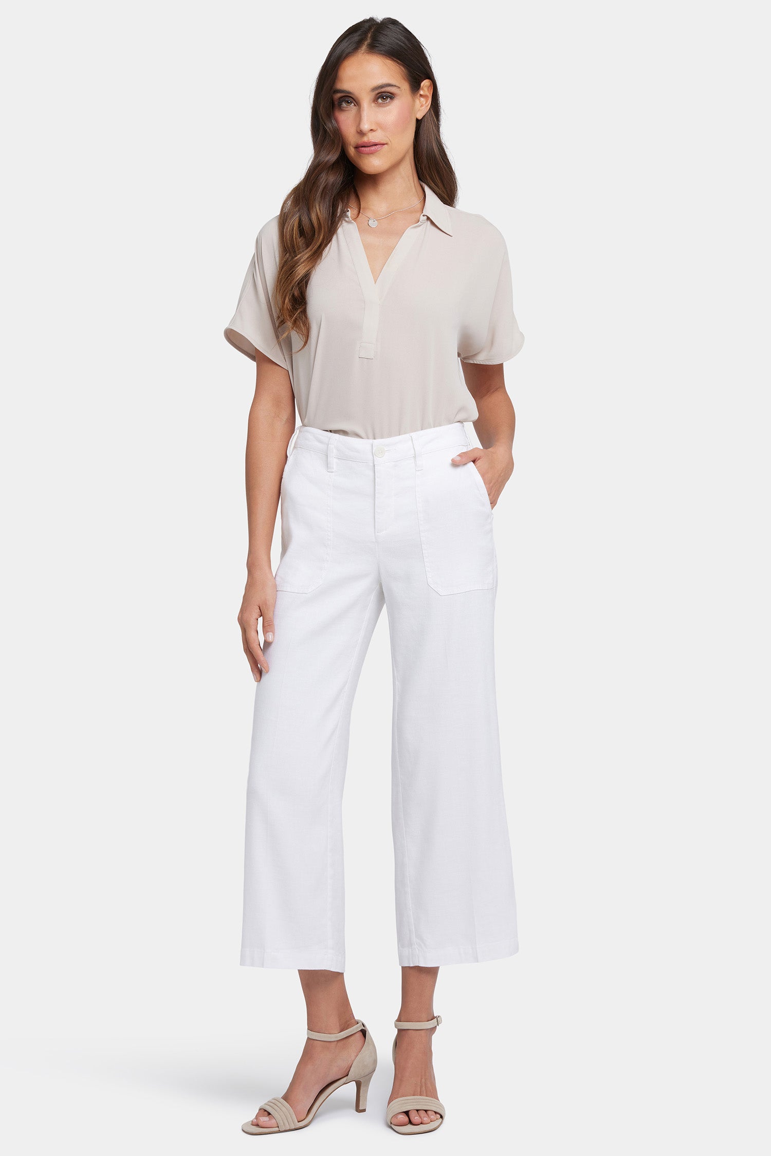 NYDJ Wide Leg Cargo Capri Pants In Petite In Stretch Linen - Optic White