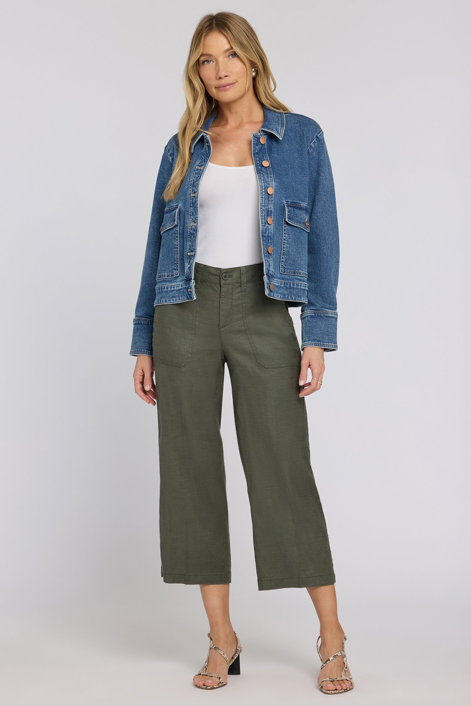 NYDJ Wide Leg Cargo Capri Pants In Petite In Stretch Linen - Desert Green