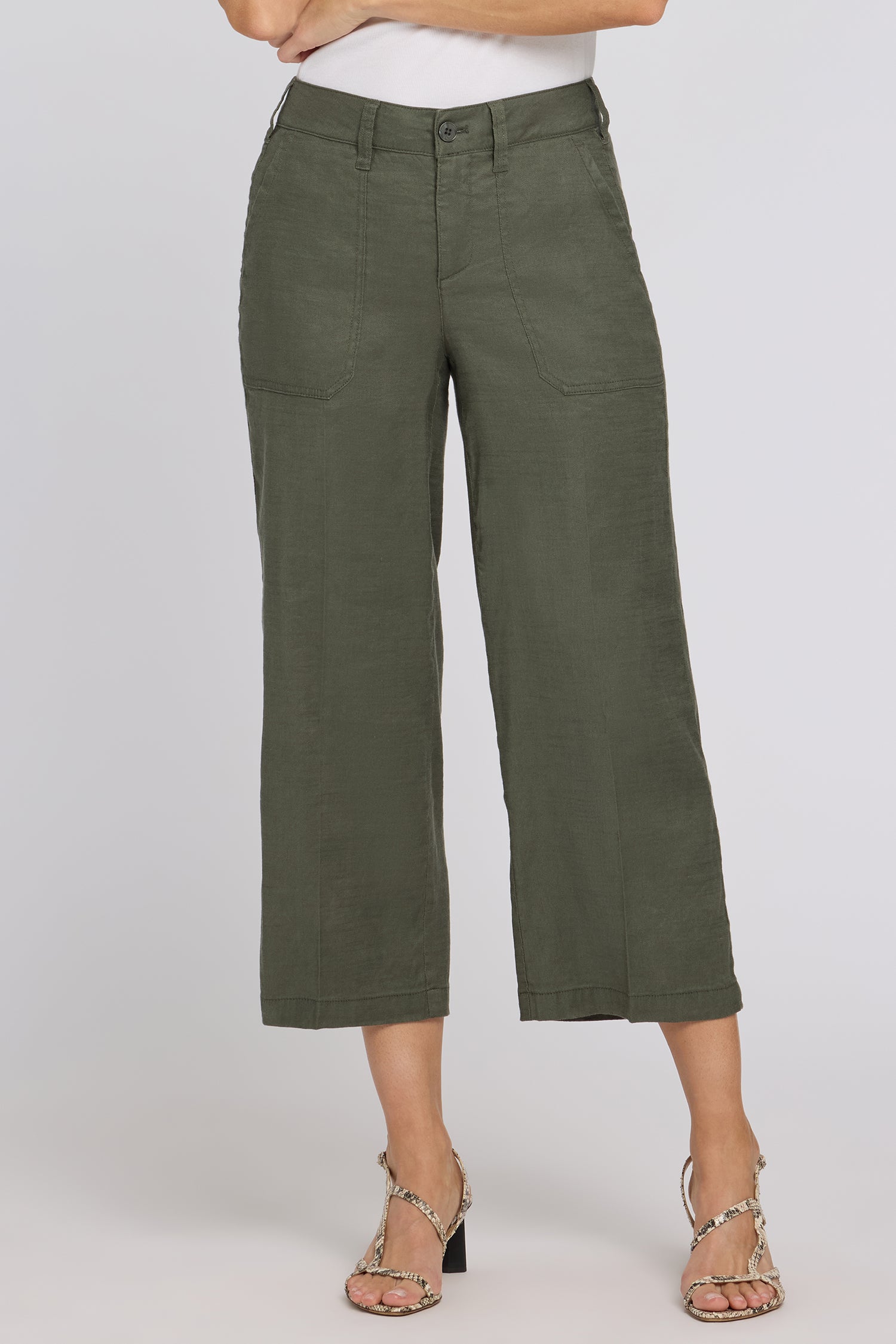 NYDJ Wide Leg Cargo Capri Pants In Petite In Stretch Linen - Desert Green