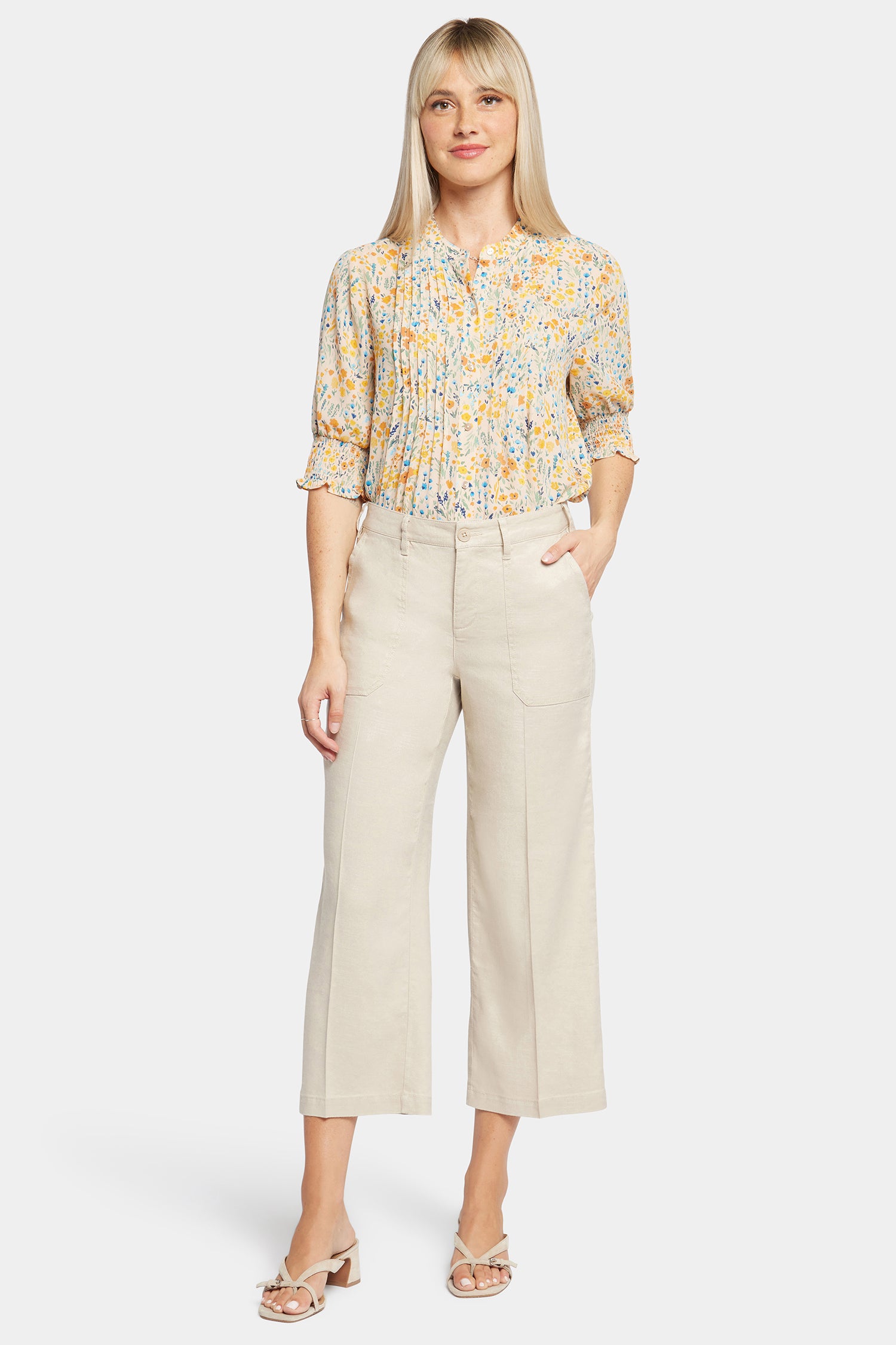 NYDJ Wide Leg Cargo Capri Pants In Petite In Stretch Linen - Feather