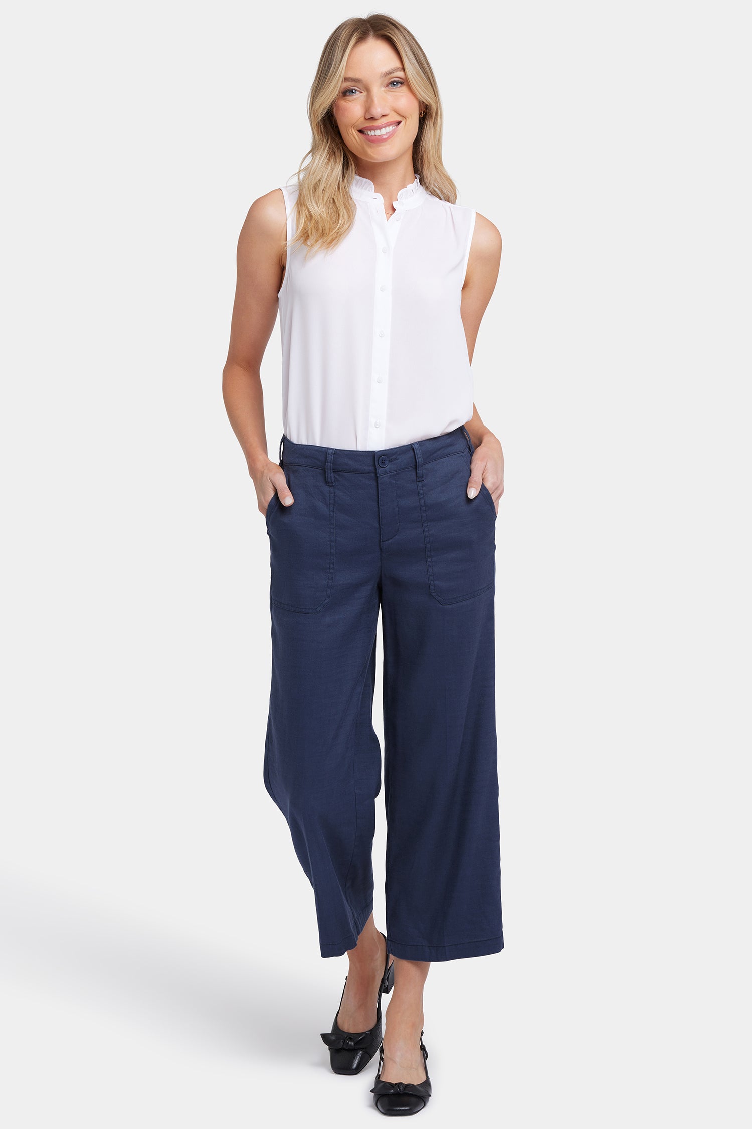 NYDJ Wide Leg Cargo Capri Pants In Petite In Stretch Linen - Oxford Navy