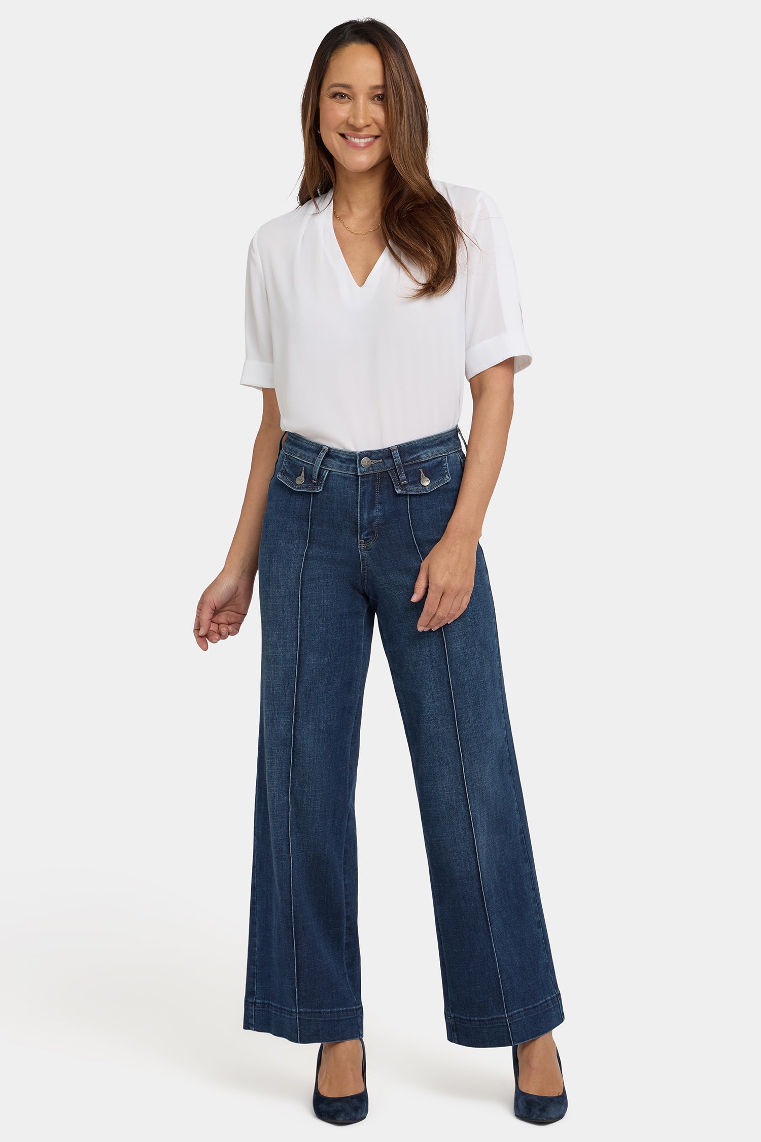 NYDJ Teresa Wide Leg Jeans In Petite With Button Flaps, Center Leg Seams And 29