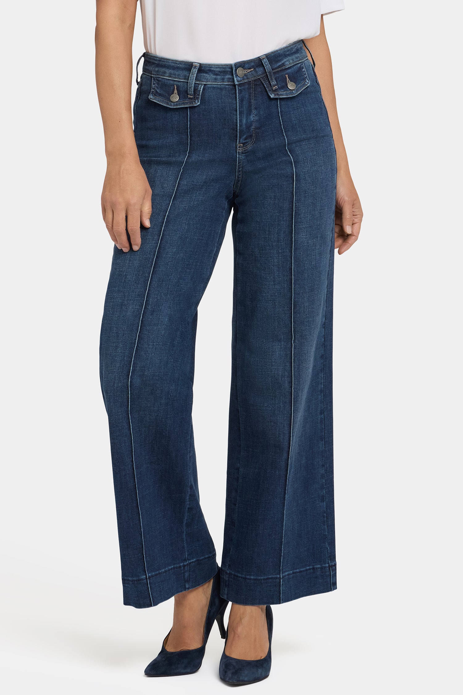 NYDJ Teresa Wide Leg Jeans In Petite With Button Flaps, Center Leg Seams And 29