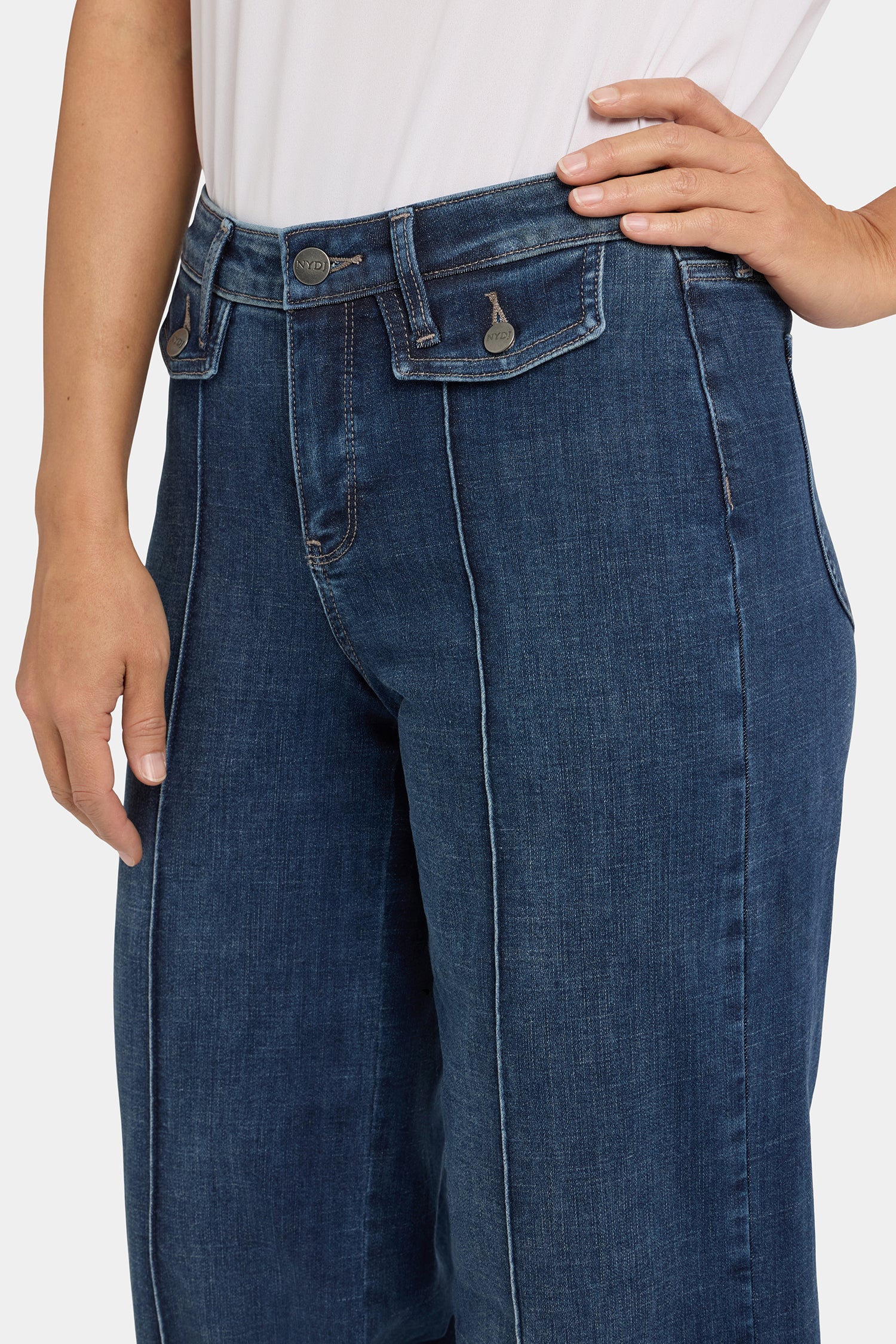 NYDJ Teresa Wide Leg Jeans In Petite With Button Flaps, Center Leg Seams And 29