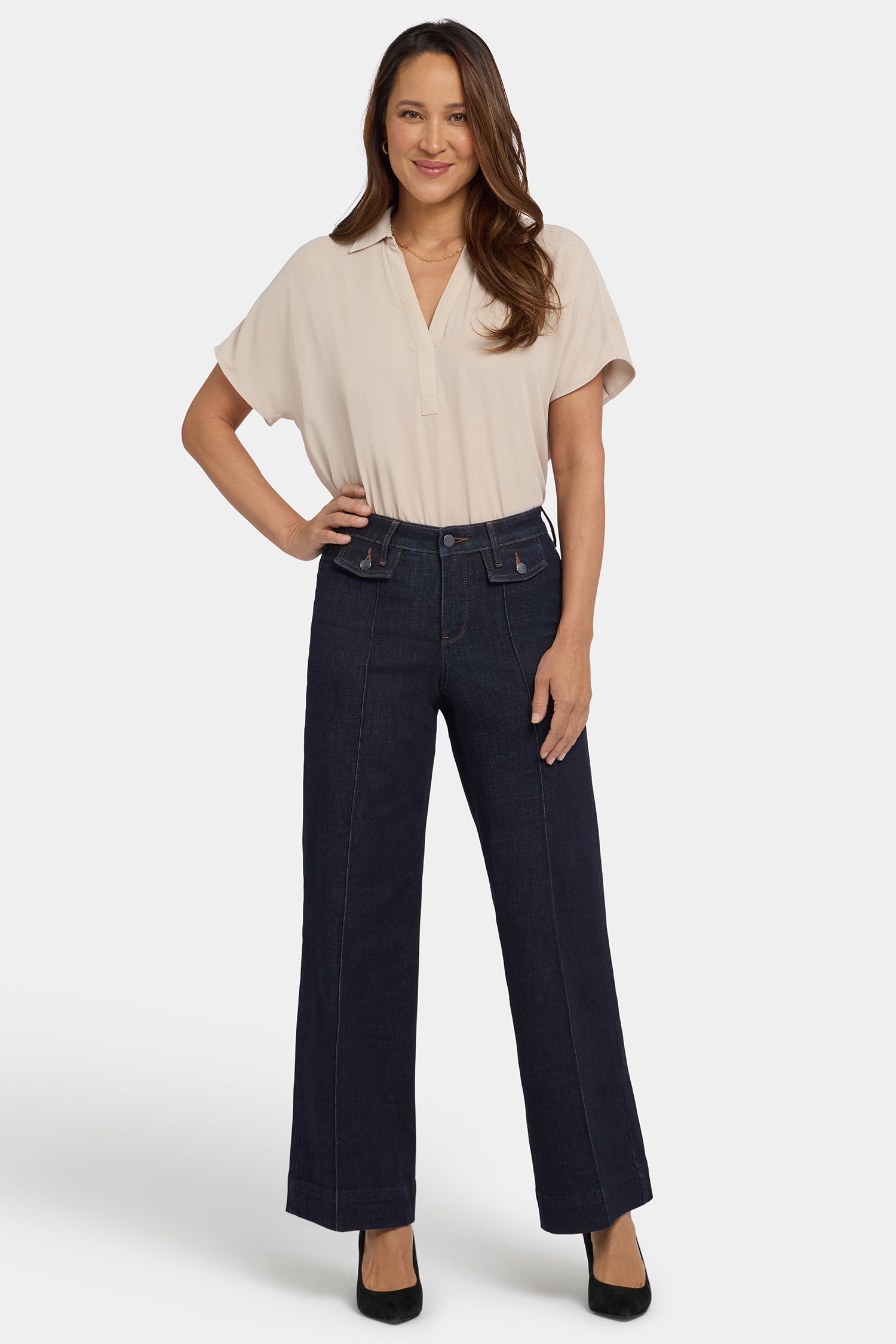 NYDJ Teresa Wide Leg Jeans In Petite With Button Flaps, Center Leg Seams And 29