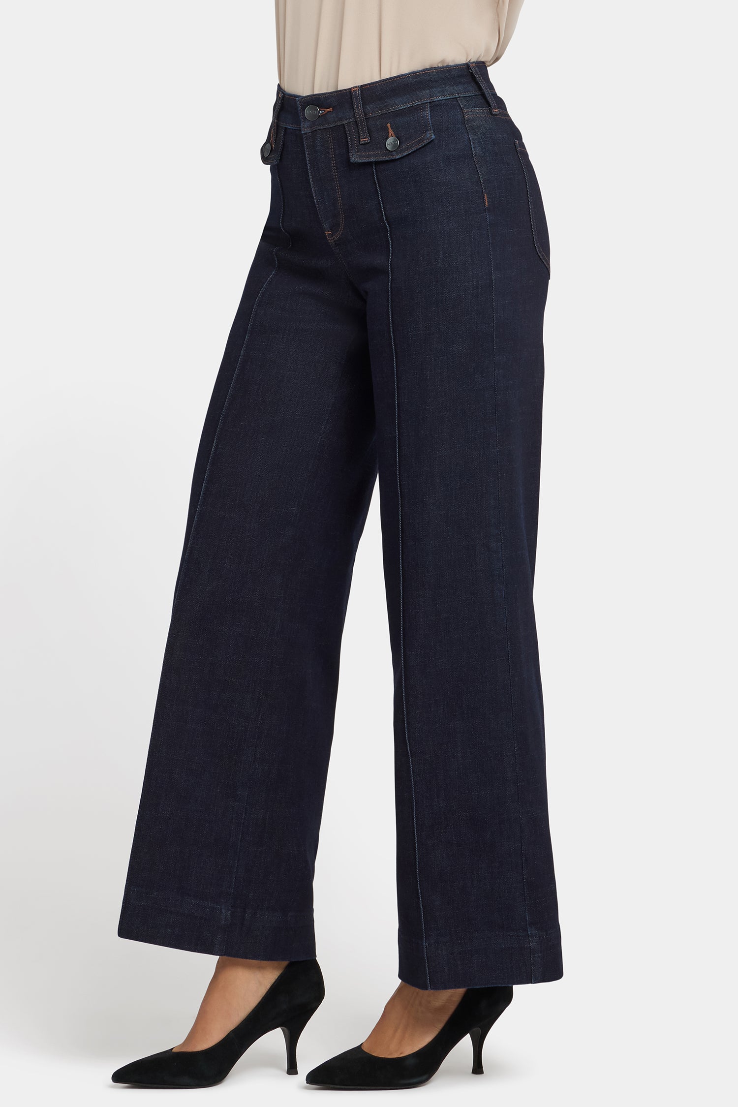NYDJ Teresa Wide Leg Jeans In Petite With Button Flaps, Center Leg Seams And 29