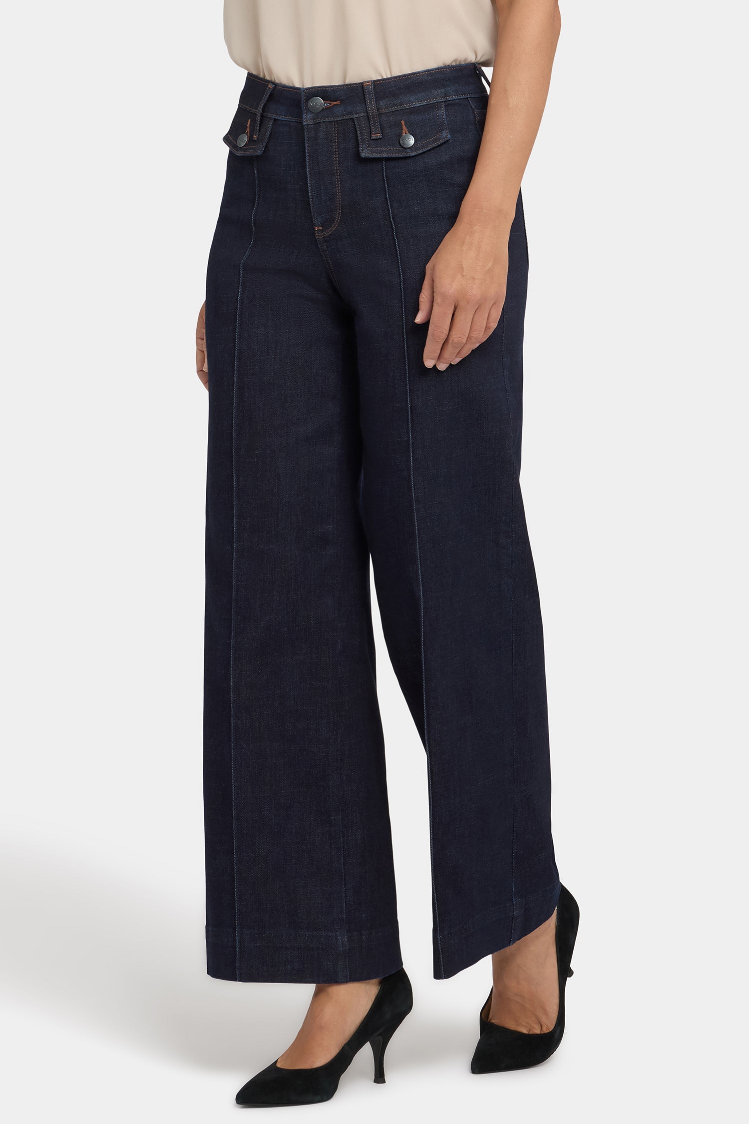 NYDJ Teresa Wide Leg Jeans In Petite With Button Flaps, Center Leg Seams And 29