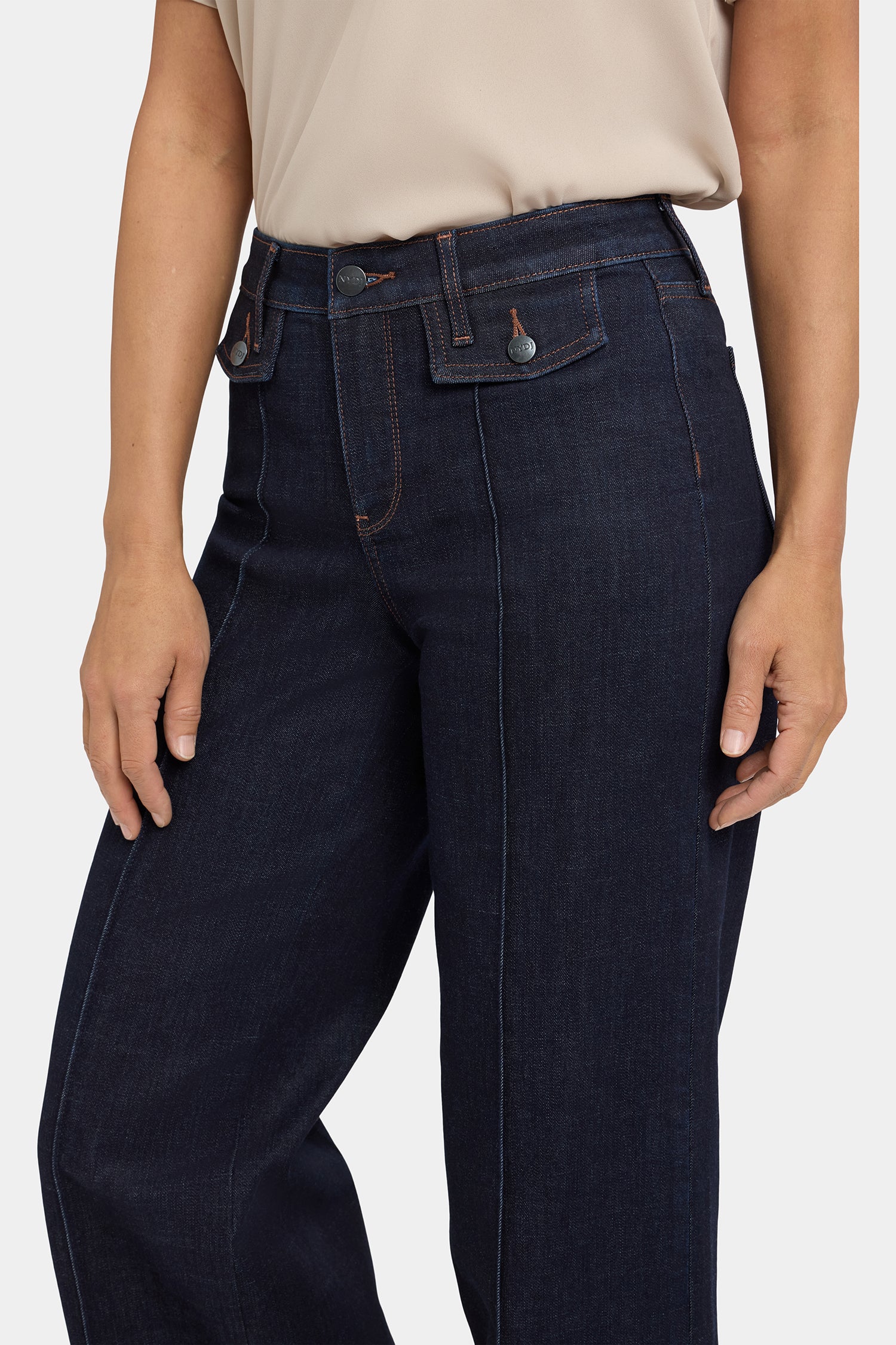 NYDJ Teresa Wide Leg Jeans In Petite With Button Flaps, Center Leg Seams And 29