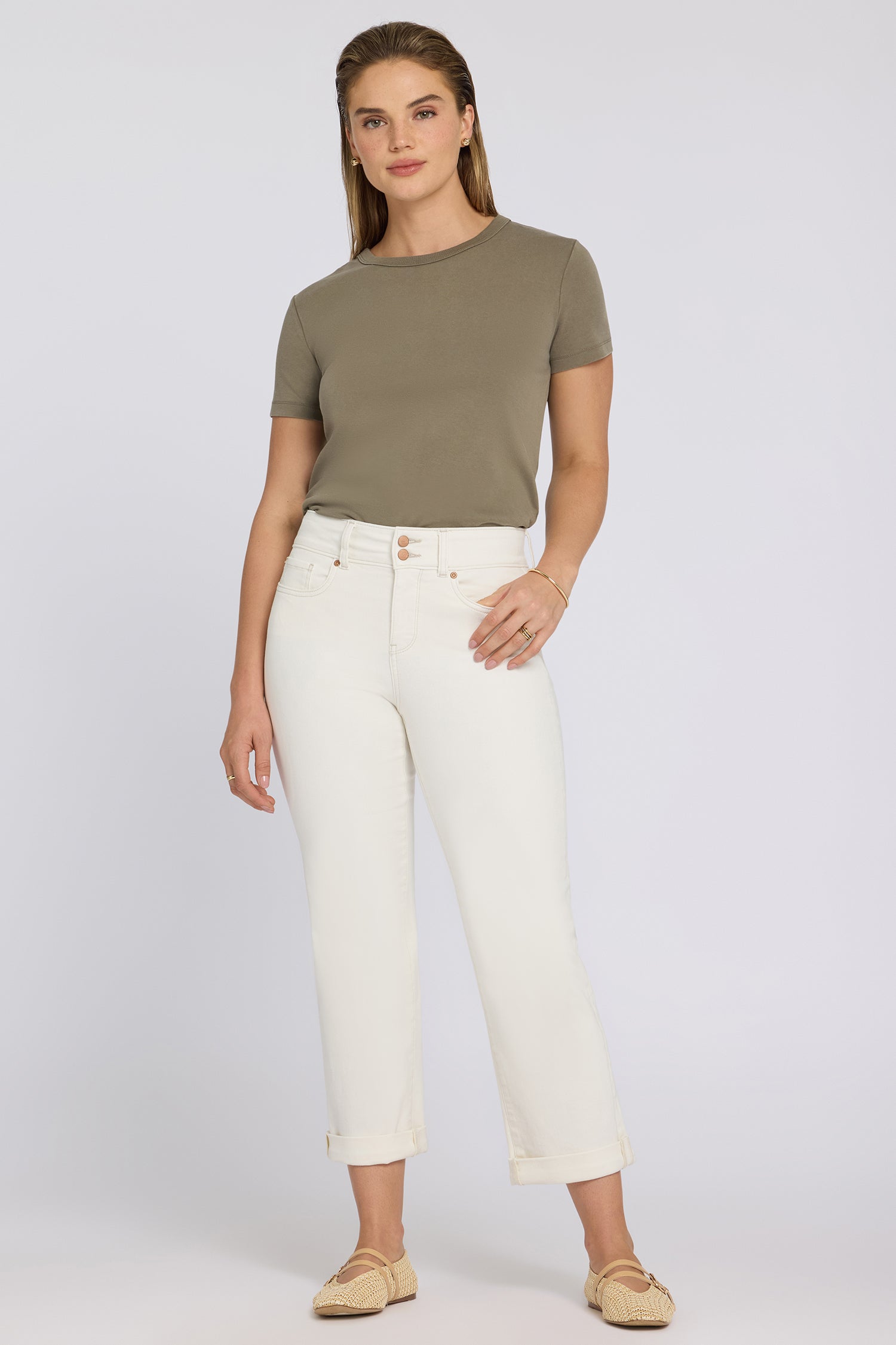 NYDJ Bailey Relaxed Straight Crop Jeans In Petite In Cool Embrace® Denim With High Rise And Roll Cuffs - Vintage White