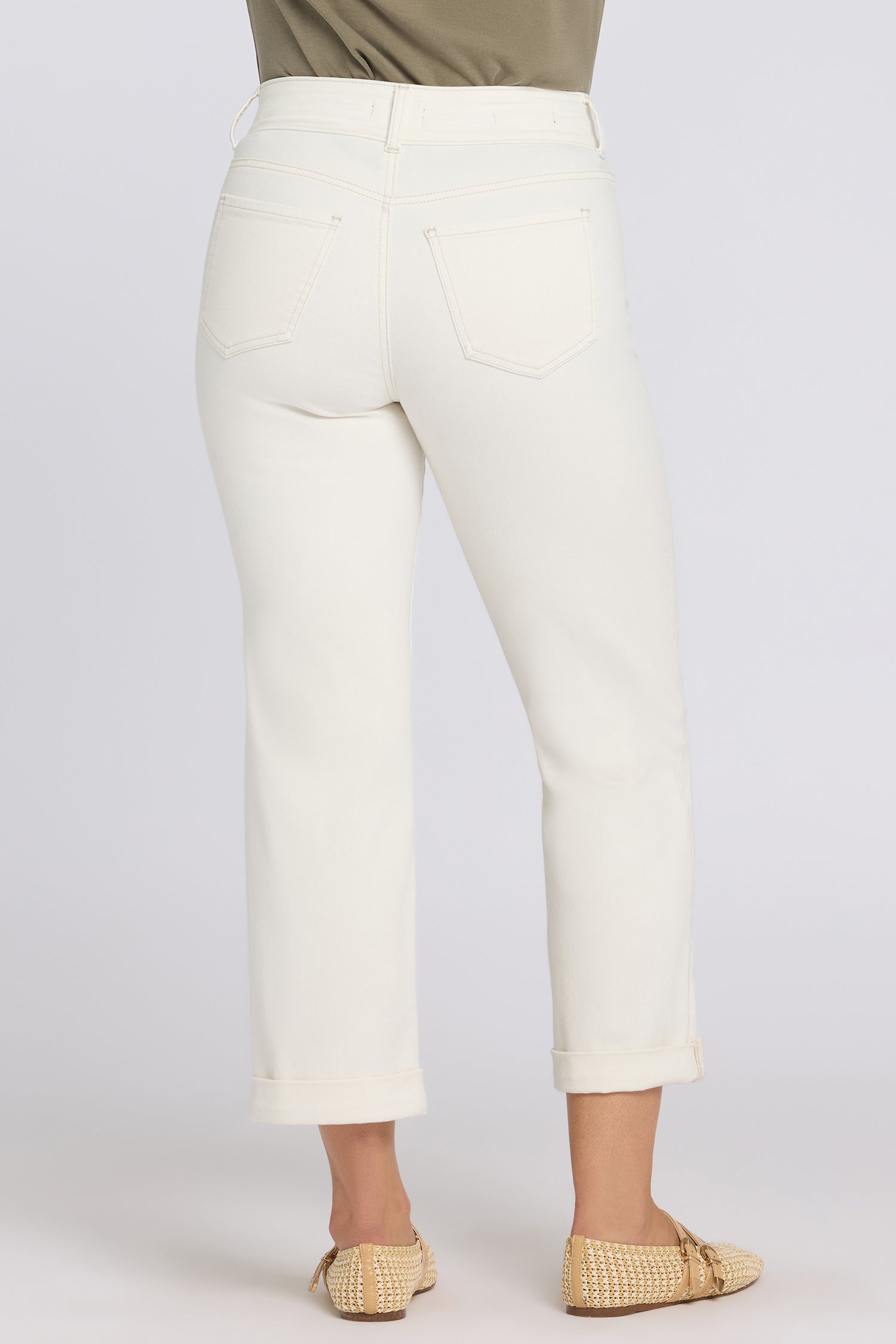 NYDJ Bailey Relaxed Straight Crop Jeans In Petite In Cool Embrace® Denim With High Rise And Roll Cuffs - Vintage White