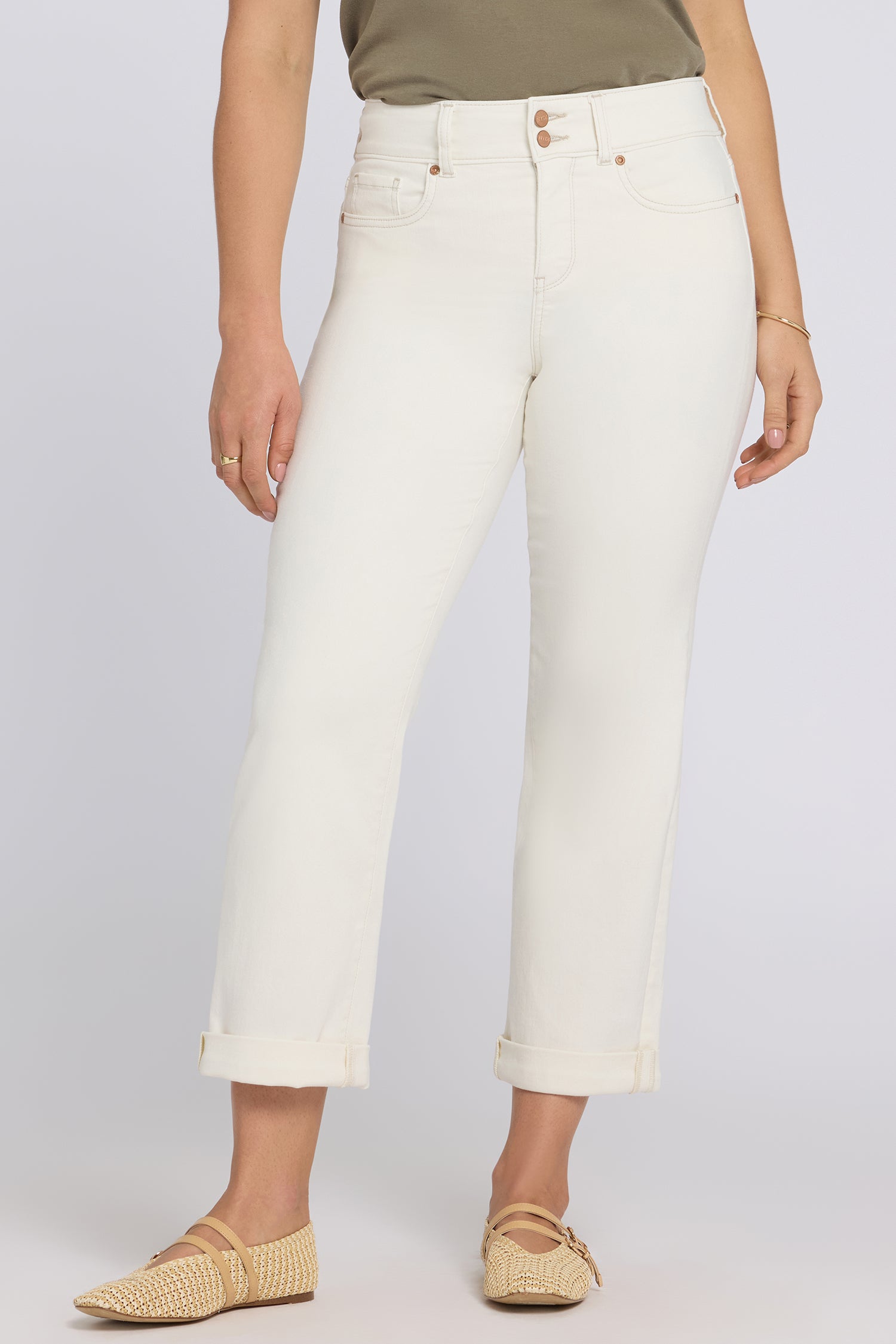 NYDJ Bailey Relaxed Straight Crop Jeans In Petite In Cool Embrace® Denim With High Rise And Roll Cuffs - Vintage White
