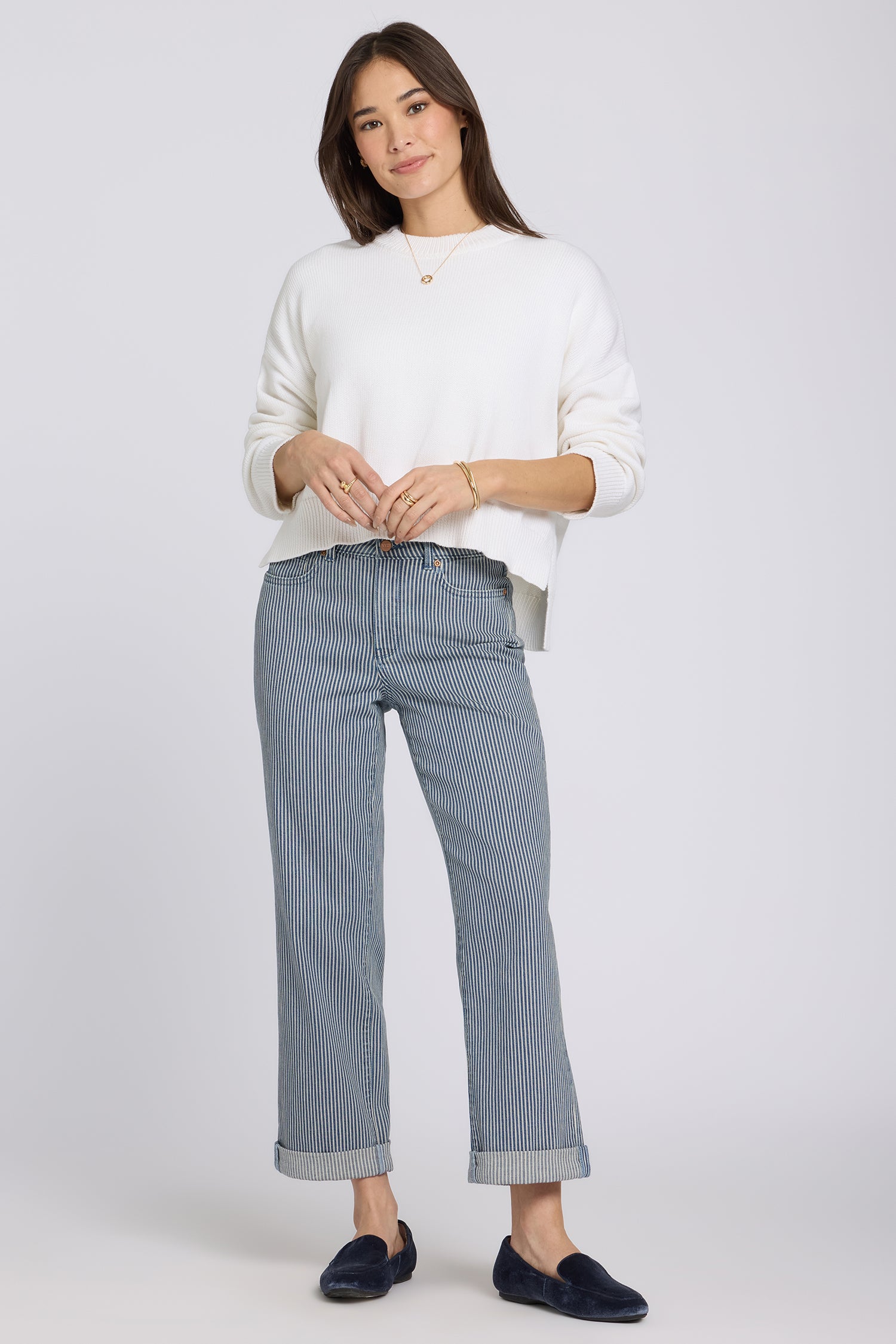 NYDJ Bailey Relaxed Straight Crop Jeans In Petite With High Rise And Roll Cuffs - Malaga Stripe