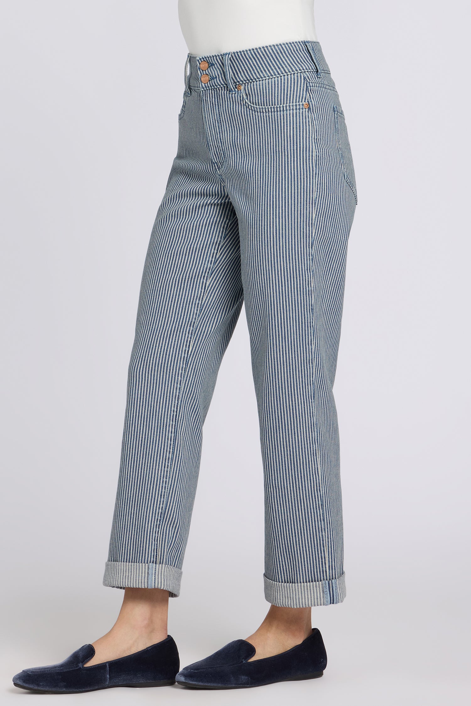 NYDJ Bailey Relaxed Straight Crop Jeans In Petite With High Rise And Roll Cuffs - Malaga Stripe