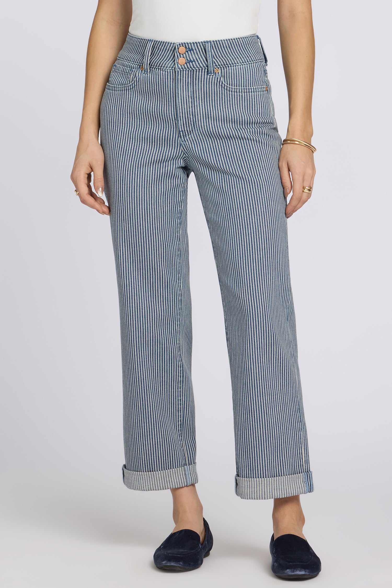 NYDJ Bailey Relaxed Straight Crop Jeans In Petite With High Rise And Roll Cuffs - Malaga Stripe
