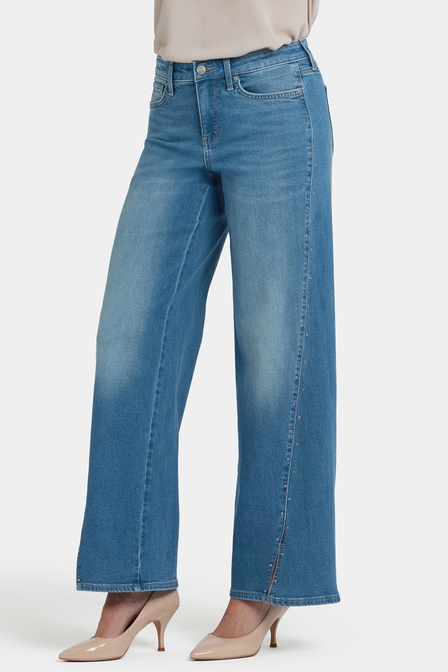 NYDJ Teresa Wide Leg Jeans In Petite With Rhinestones, Front Slits And 29