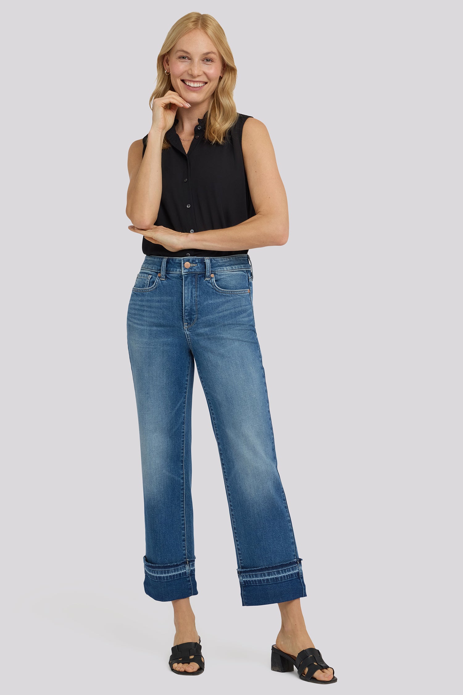 NYDJ Bailey Relaxed Straight Ankle Jeans In Petite With High Rise, Criss-Cross Belt Loop And Raw Hem Cuffs - Sun Soak