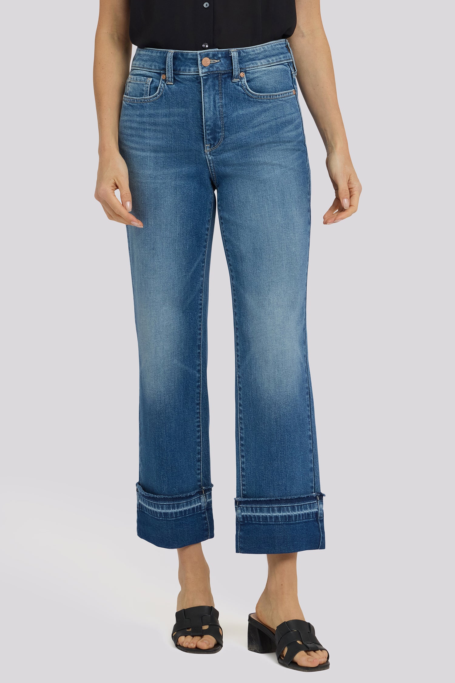 NYDJ Bailey Relaxed Straight Ankle Jeans In Petite With High Rise, Criss-Cross Belt Loop And Raw Hem Cuffs - Sun Soak