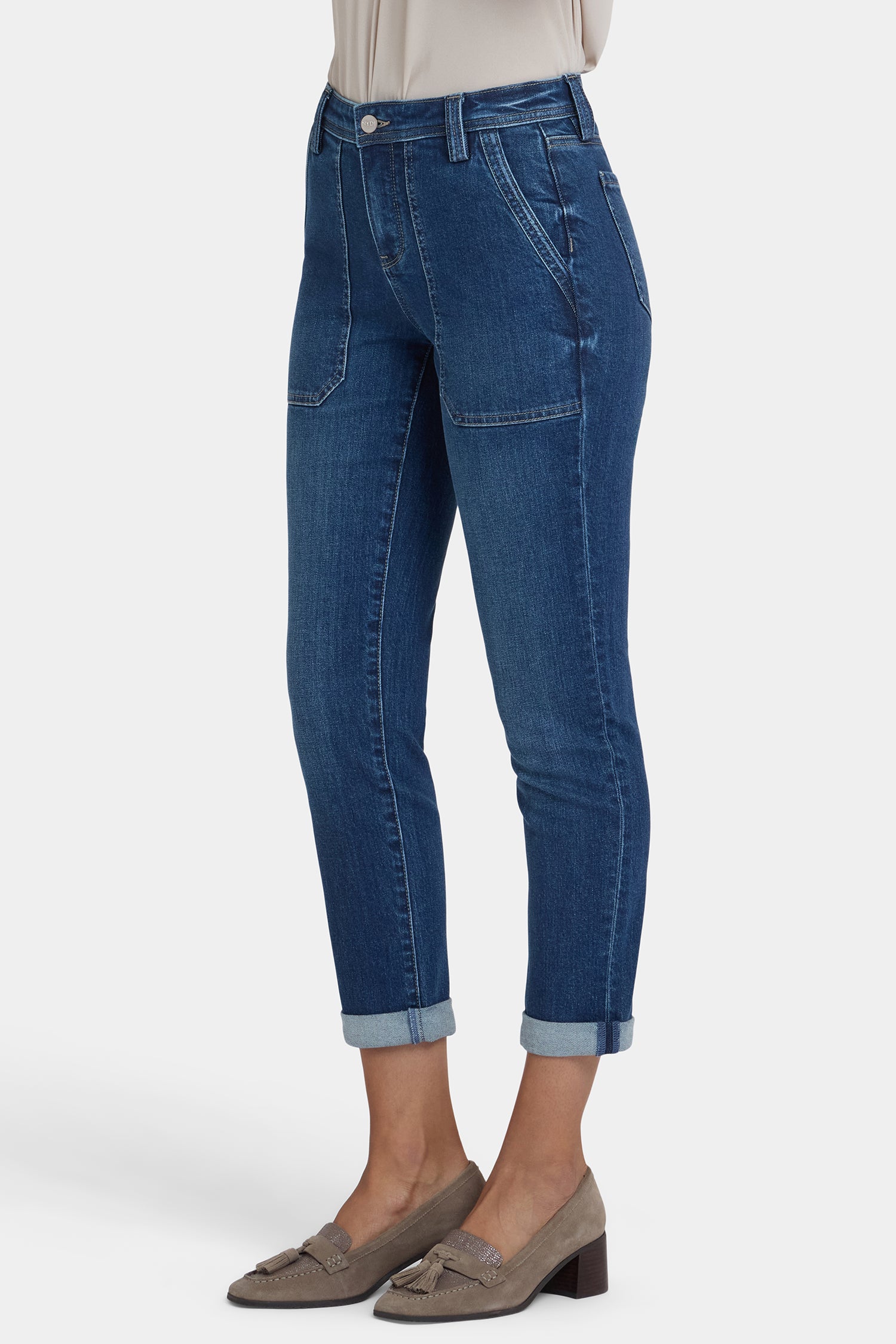 NYDJ Margot Girlfriend Jeans In Petite With Utility Pockets And Roll Cuffs - Vintage Lapis