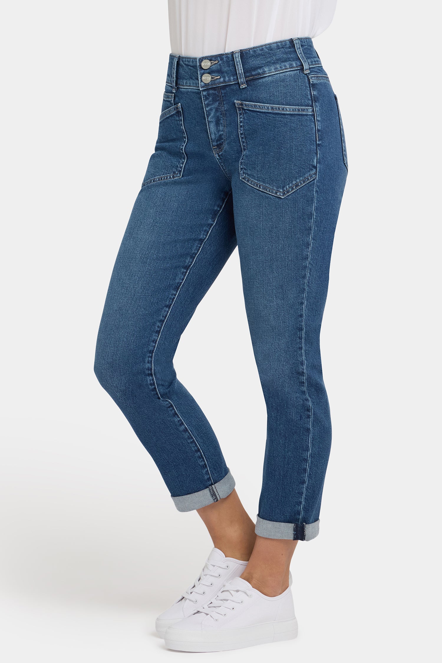 NYDJ Margot Girlfriend Jeans In Petite With Double-Button Waistband, Utility Pockets And Roll Cuffs - Lake Notre-Dame