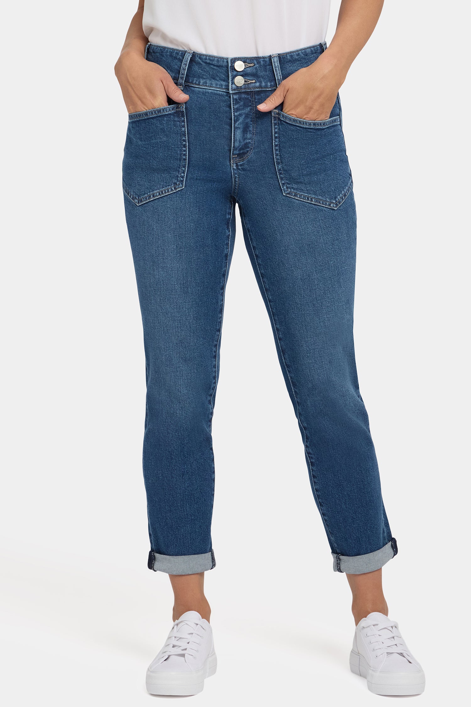 NYDJ Margot Girlfriend Jeans In Petite With Double-Button Waistband, Utility Pockets And Roll Cuffs - Lake Notre-Dame