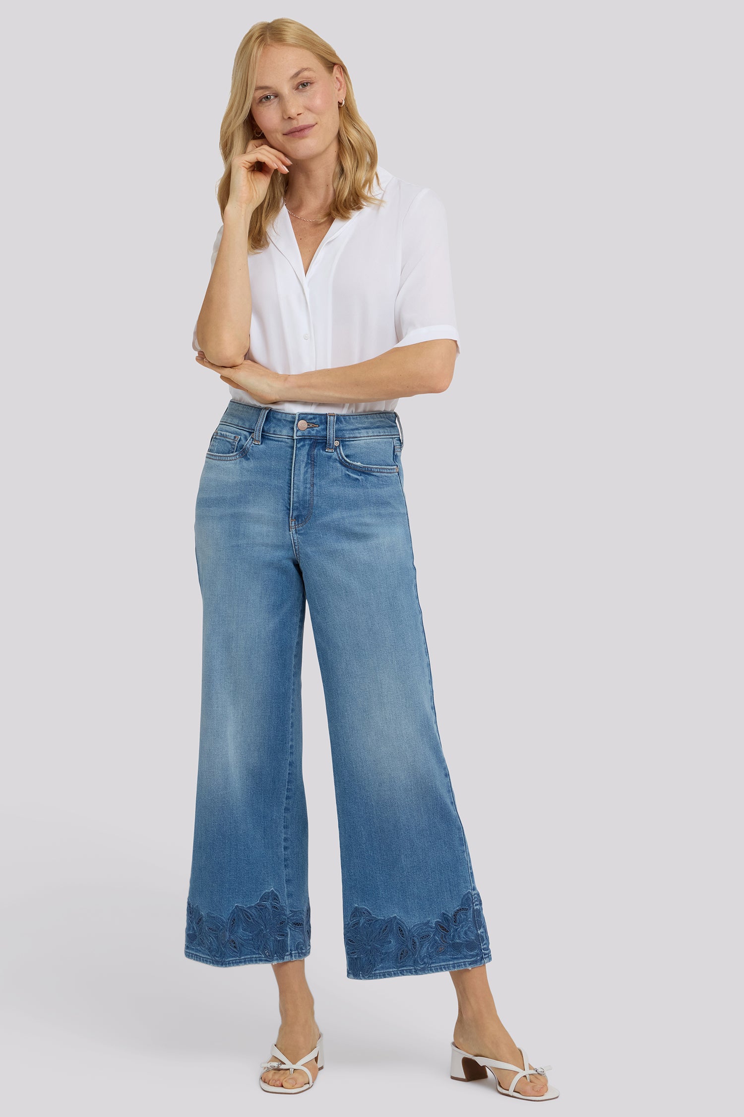 NYDJ Teresa Wide Leg Ankle Jeans In Petite With High Rise And Crochet Hems - Port Sea