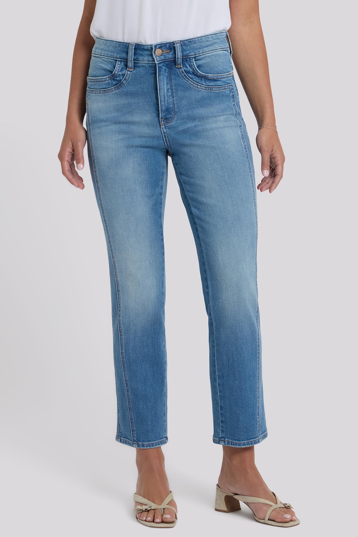 NYDJ Marilyn Straight Ankle Jeans In Petite With High Rise And Paneled Seam Detail - Port Sea