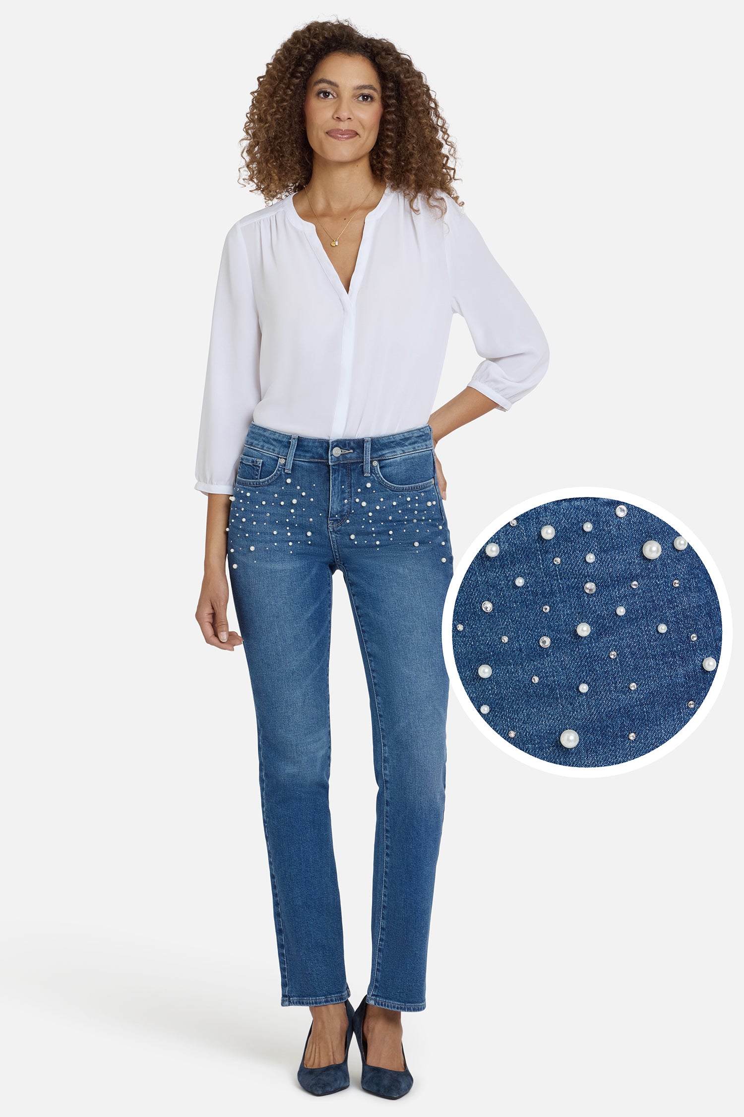 NYDJ Marilyn Straight Jeans In Petite With Faux Pearls And Rhinestones - Lake Notre-Dame